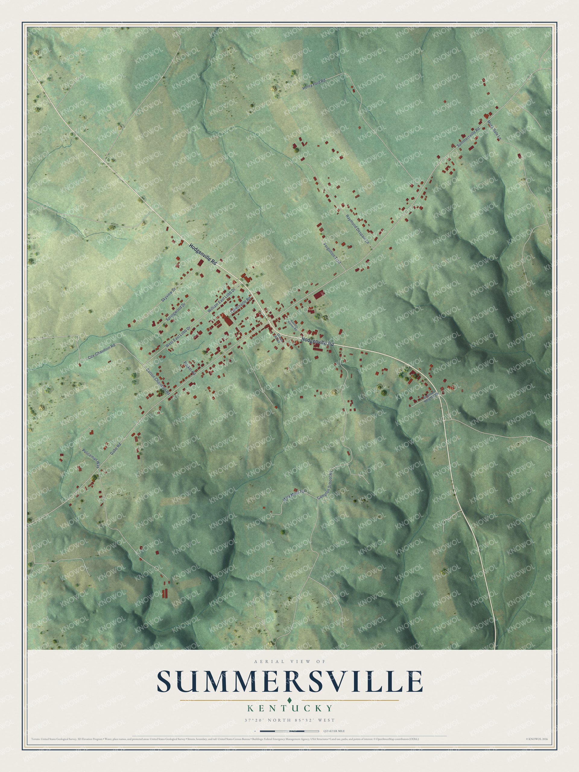 Full map of Summersville, Kentucky, with red buildings, printed street names and the land around them