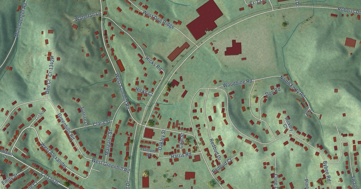 Close-up of streets and buildings in Summit, Kentucky