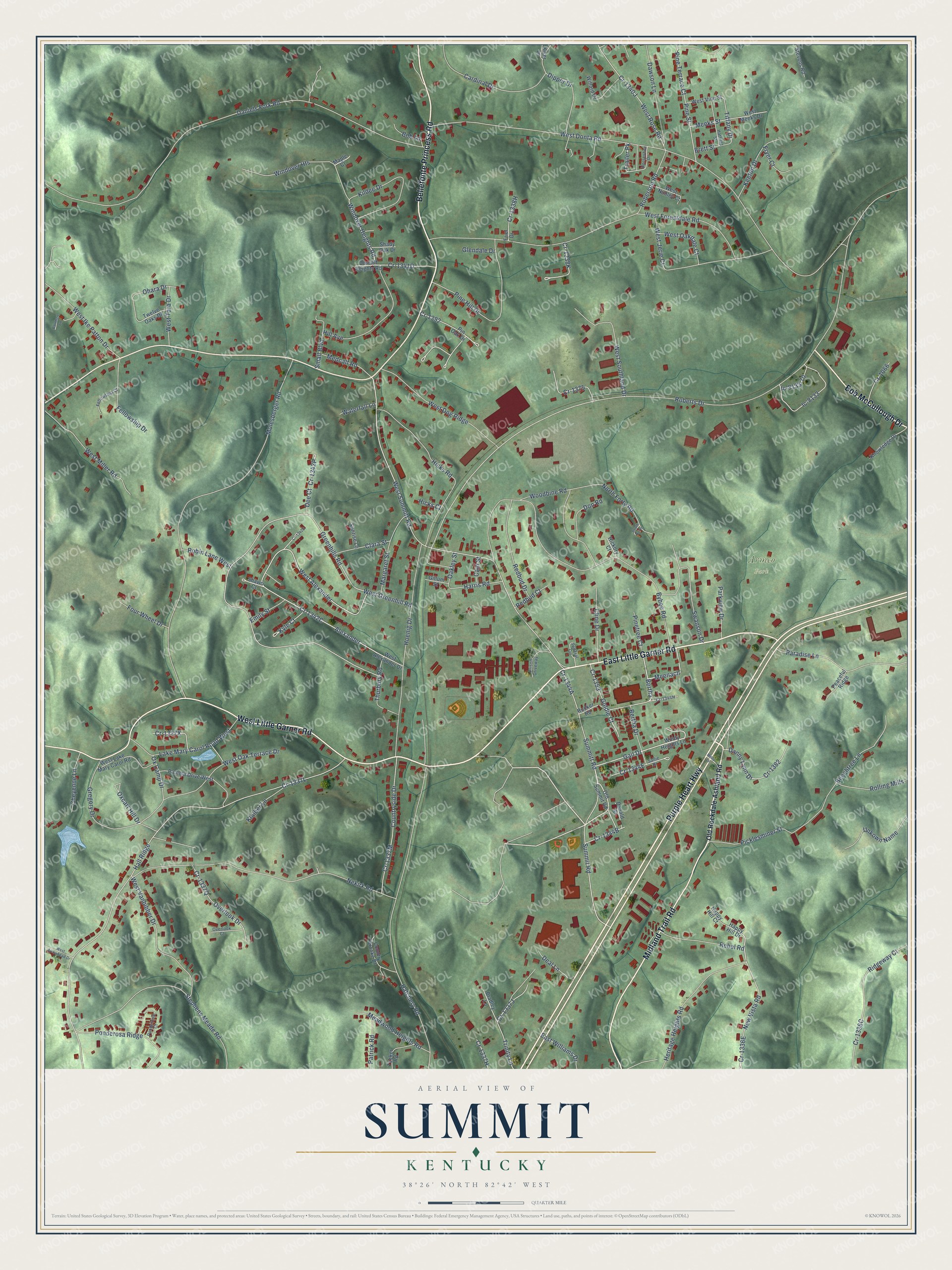 Full map of Summit, Kentucky, with red buildings, printed street names and the land around them