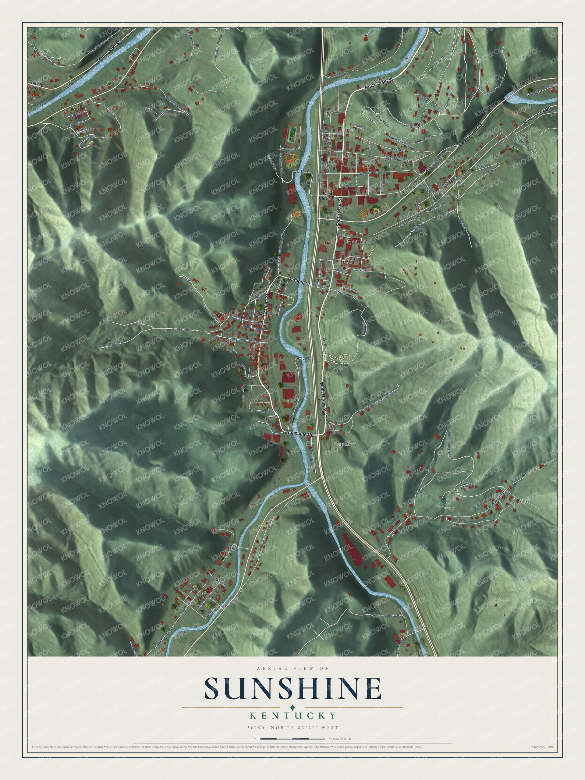 Full map of Sunshine, Kentucky, with red buildings, printed street names and the land around them