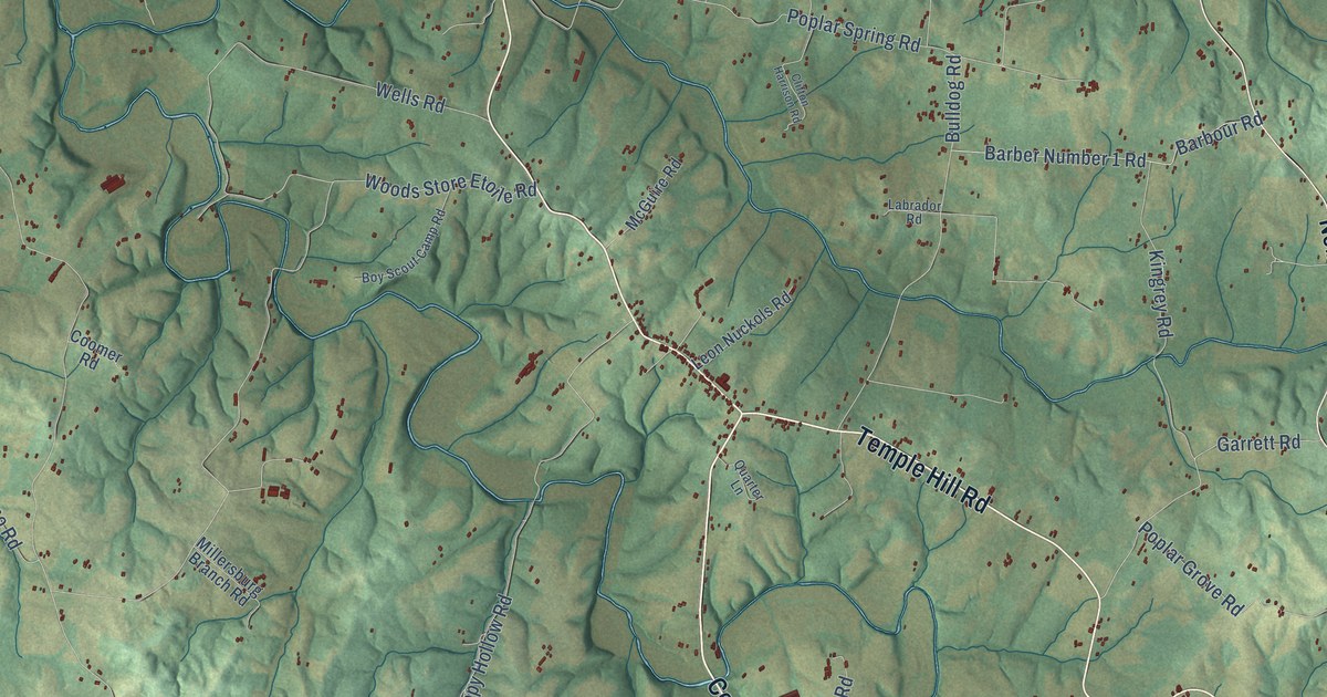 Close-up of streets and buildings in Temple Hill, Kentucky