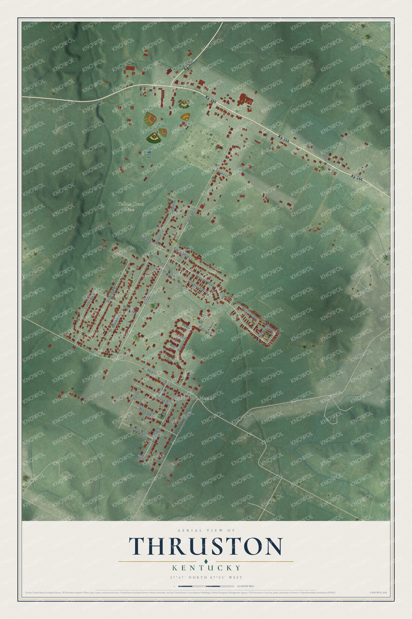 Full map of Thruston, Kentucky, with red buildings, printed street names and the land around them