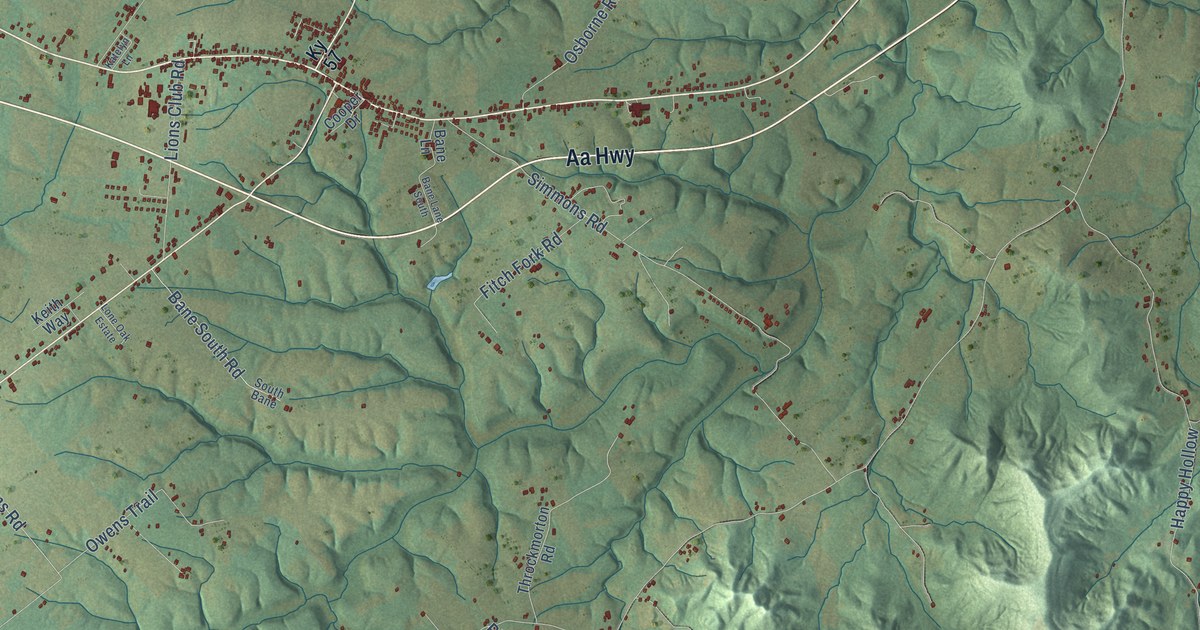 Close-up of streets and buildings in Tollesboro, Kentucky