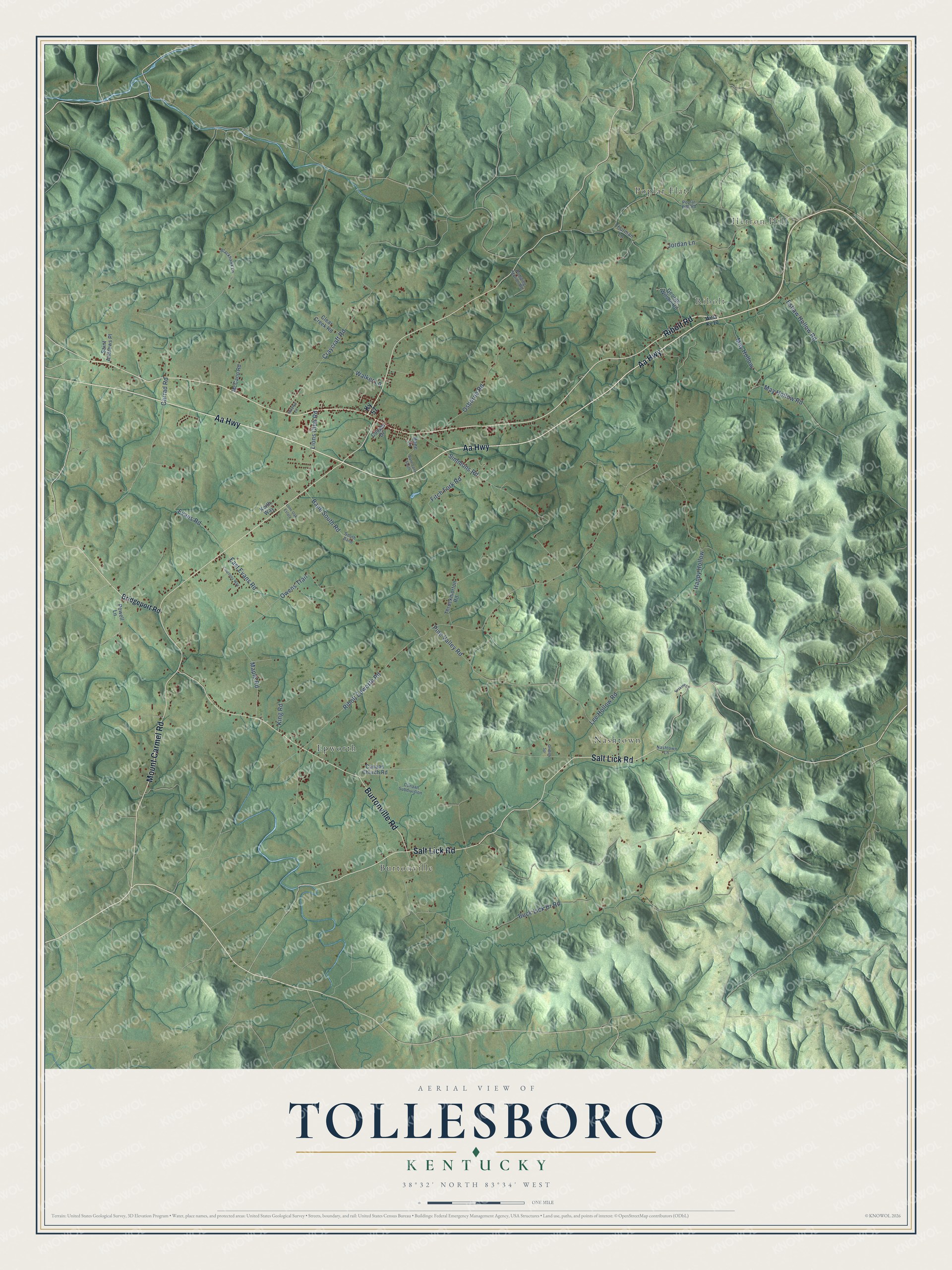Full map of Tollesboro, Kentucky, with red buildings, printed street names and the land around them