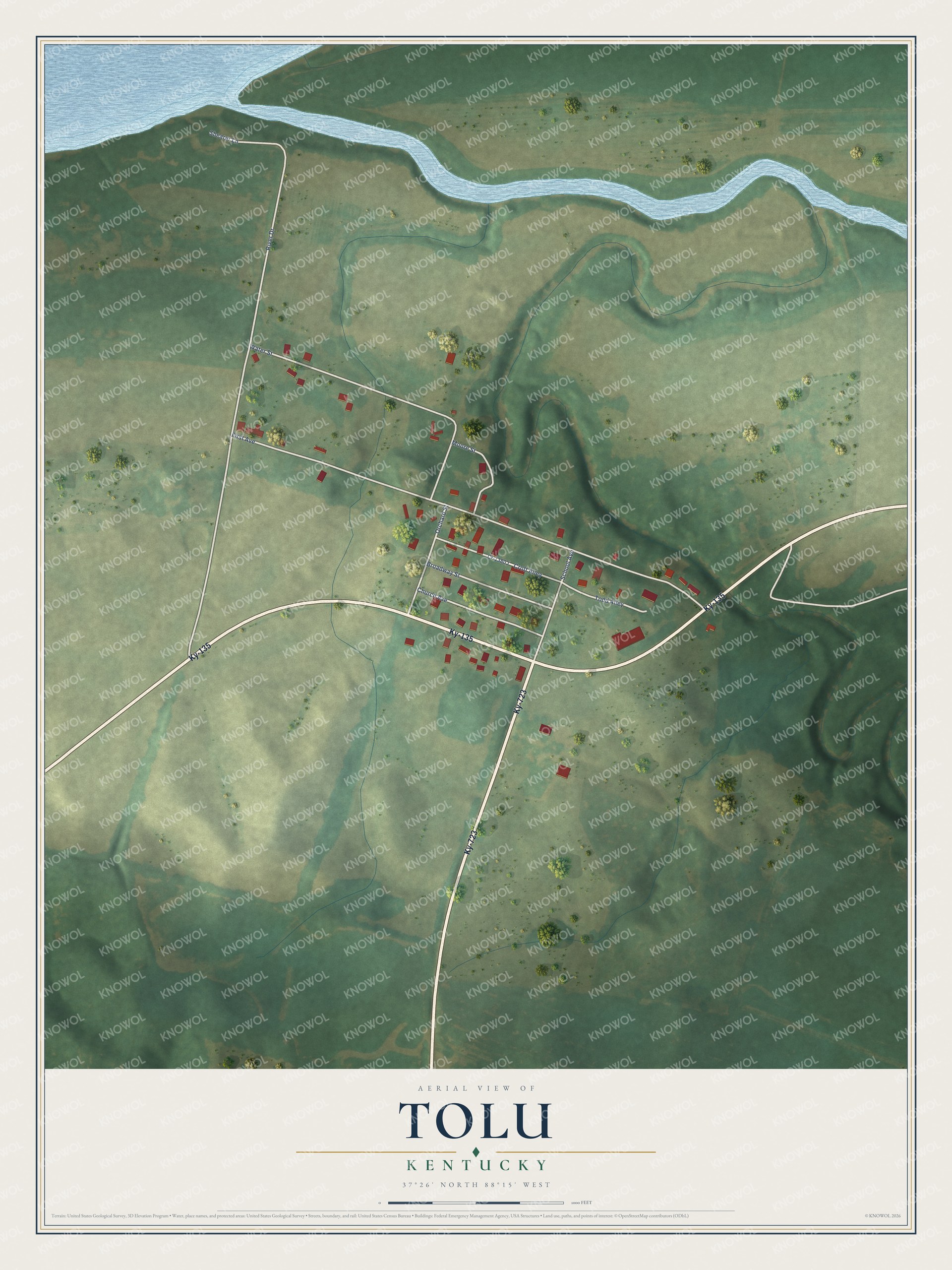 Full map of Tolu, Kentucky, with red buildings, printed street names and the land around them
