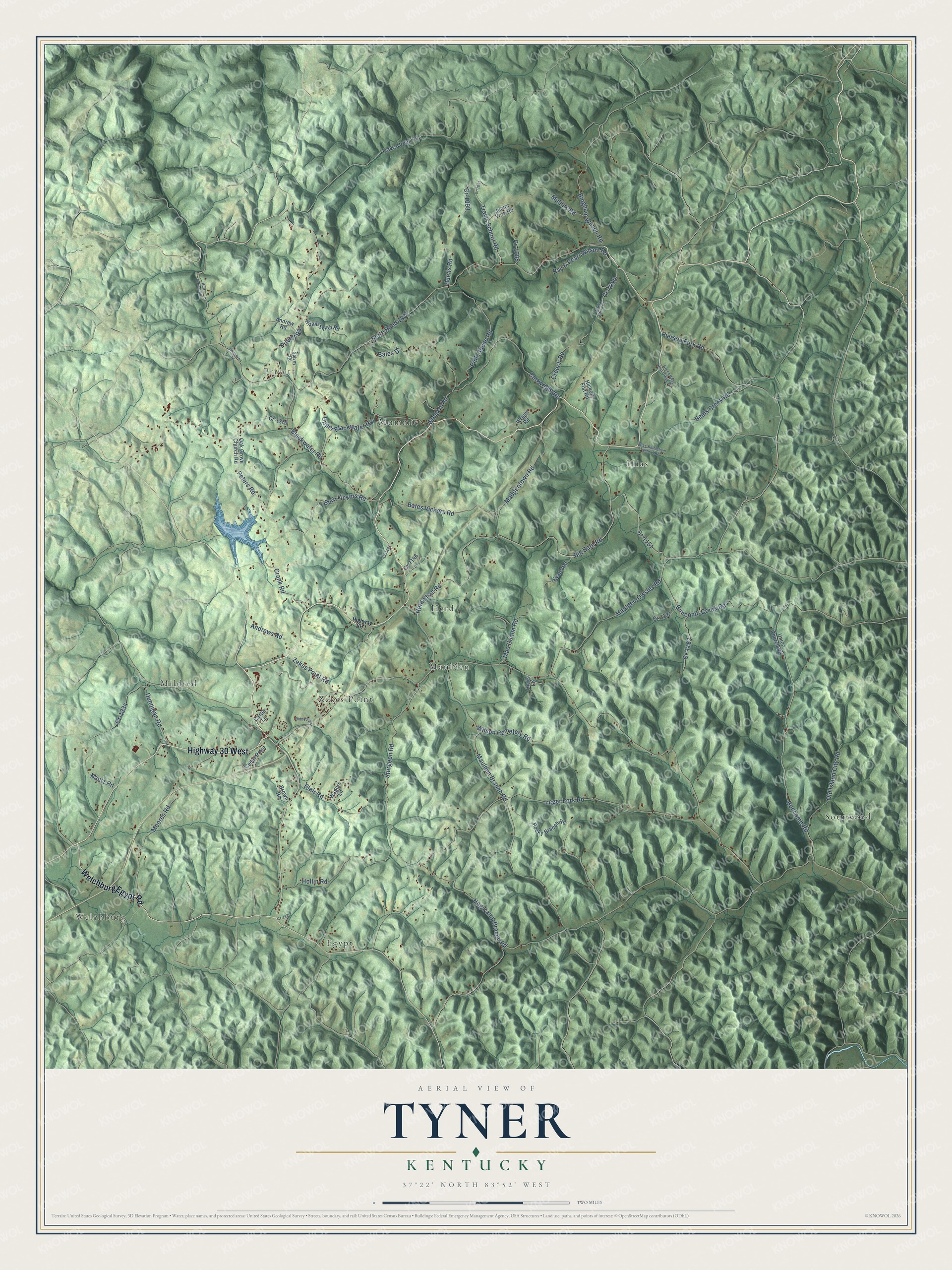 Full map of Tyner, Kentucky, with red buildings, printed street names and the land around them