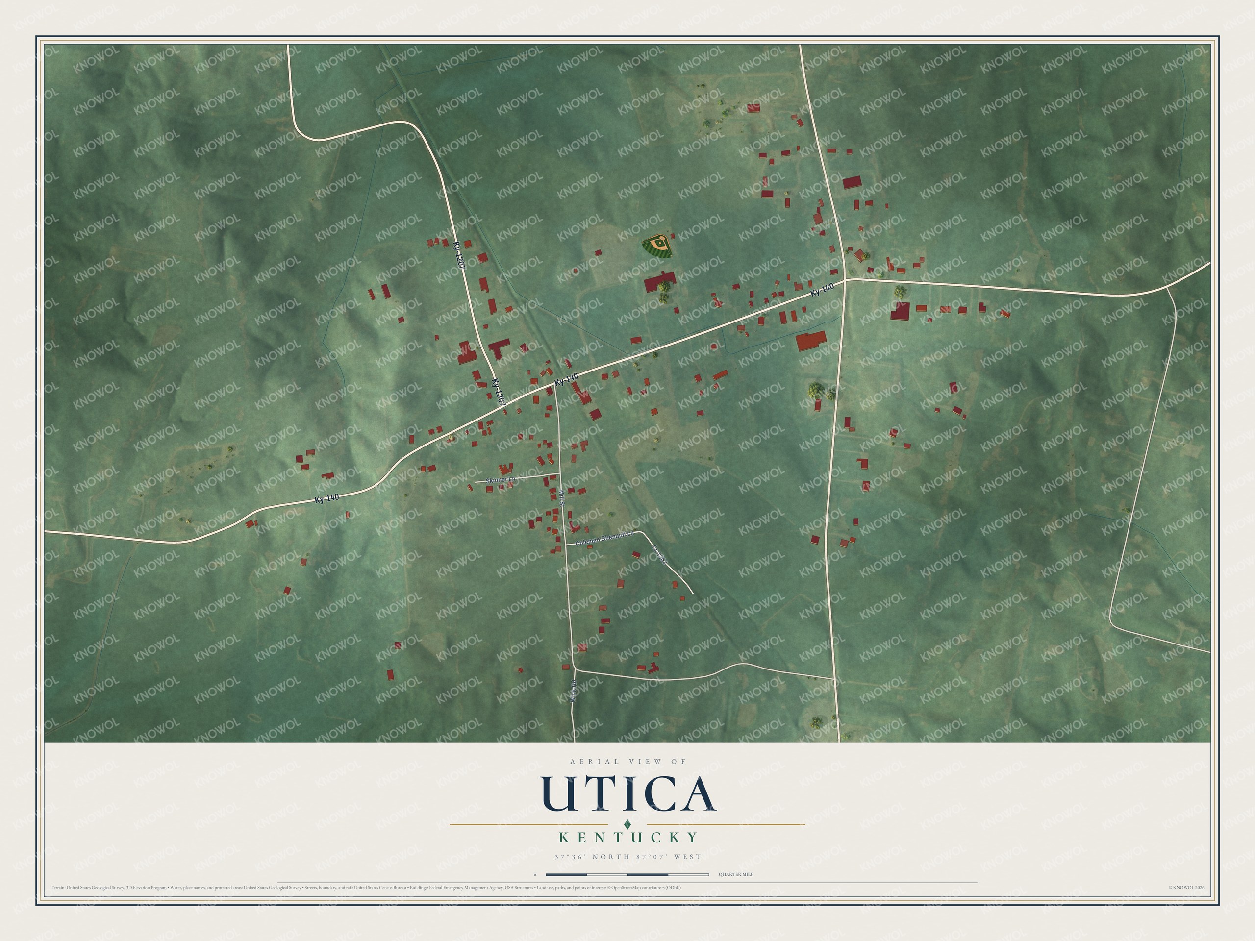 Full map of Utica, Kentucky, with red buildings, printed street names and the land around them