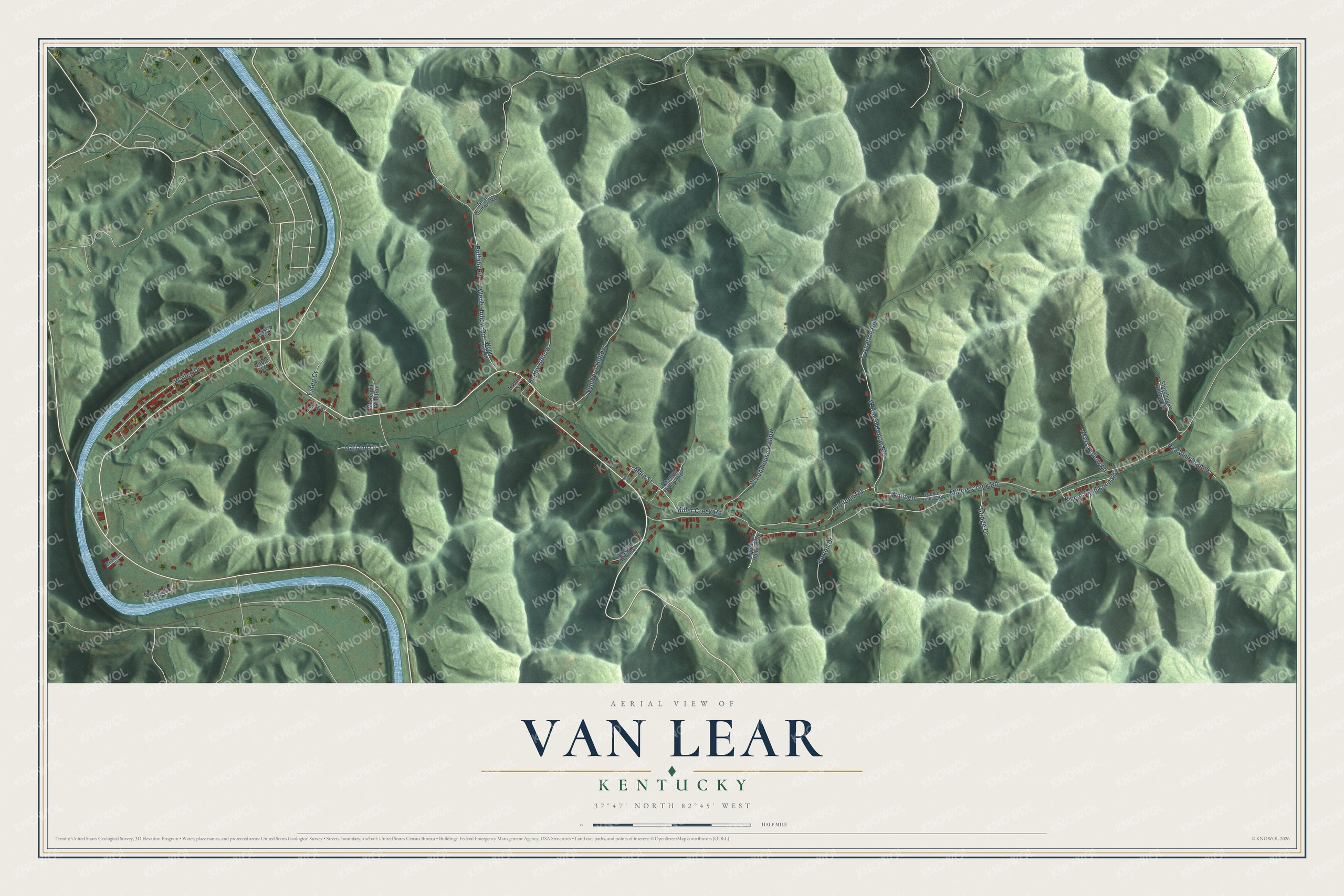 Full map of Van Lear, Kentucky, with red buildings, printed street names and the land around them