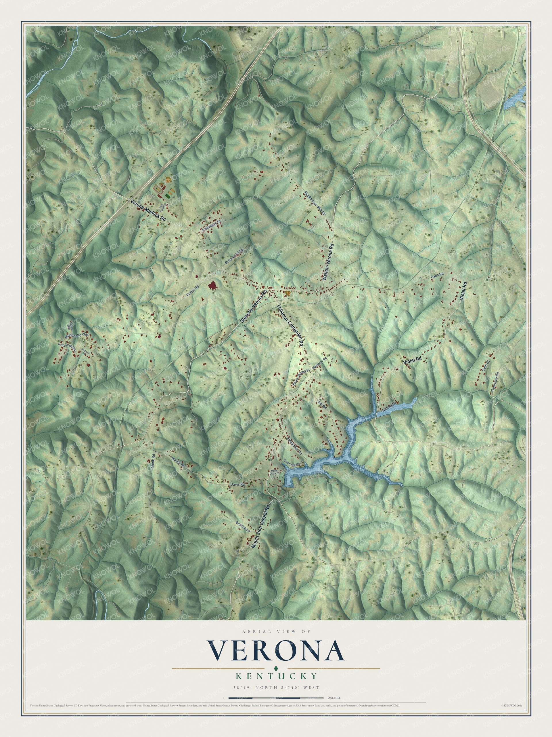 Full map of Verona, Kentucky, with red buildings, printed street names and the land around them