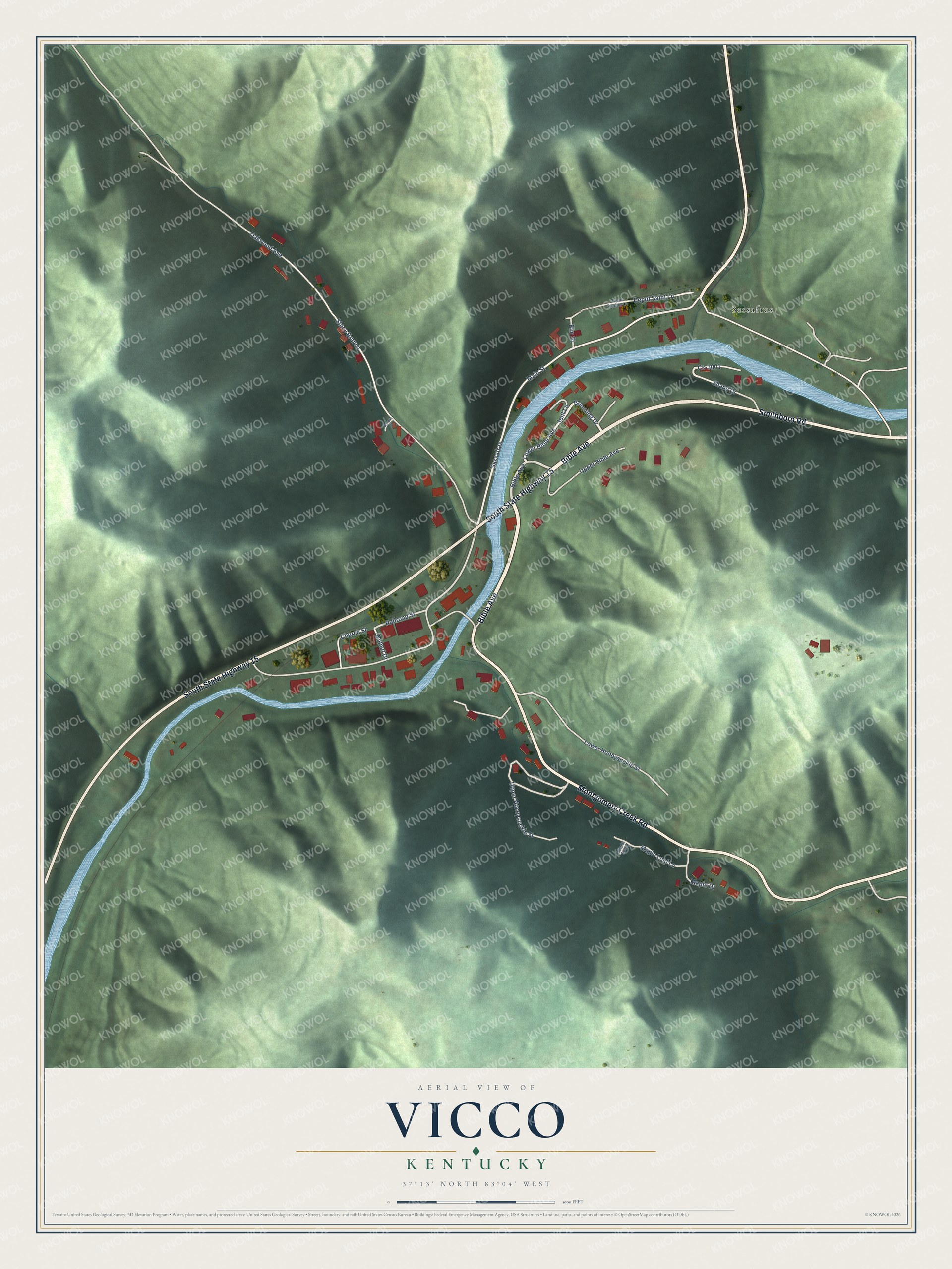 Full map of Vicco, Kentucky, with red buildings, printed street names and the land around them