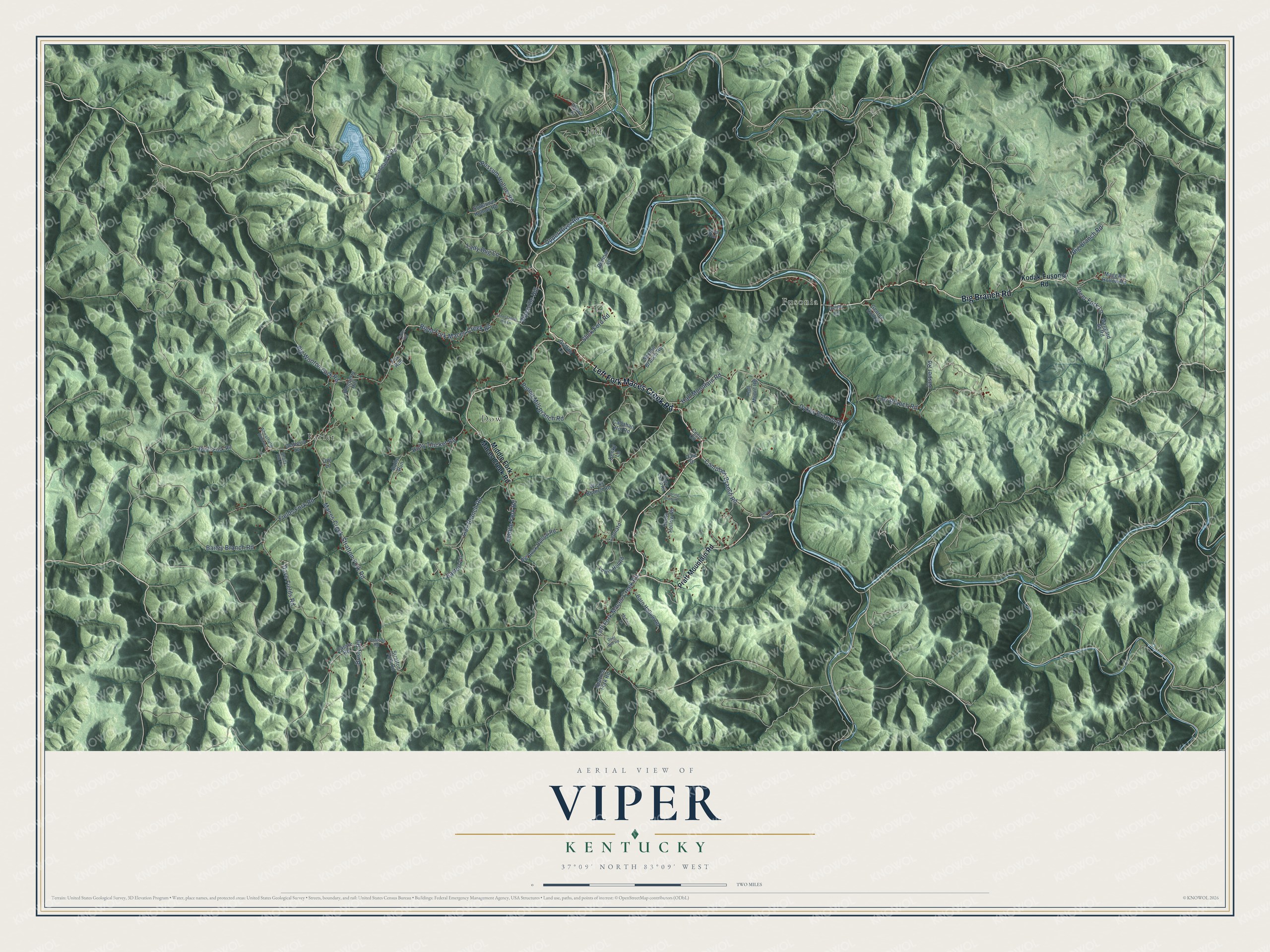 Full map of Viper, Kentucky, with red buildings, printed street names and the land around them