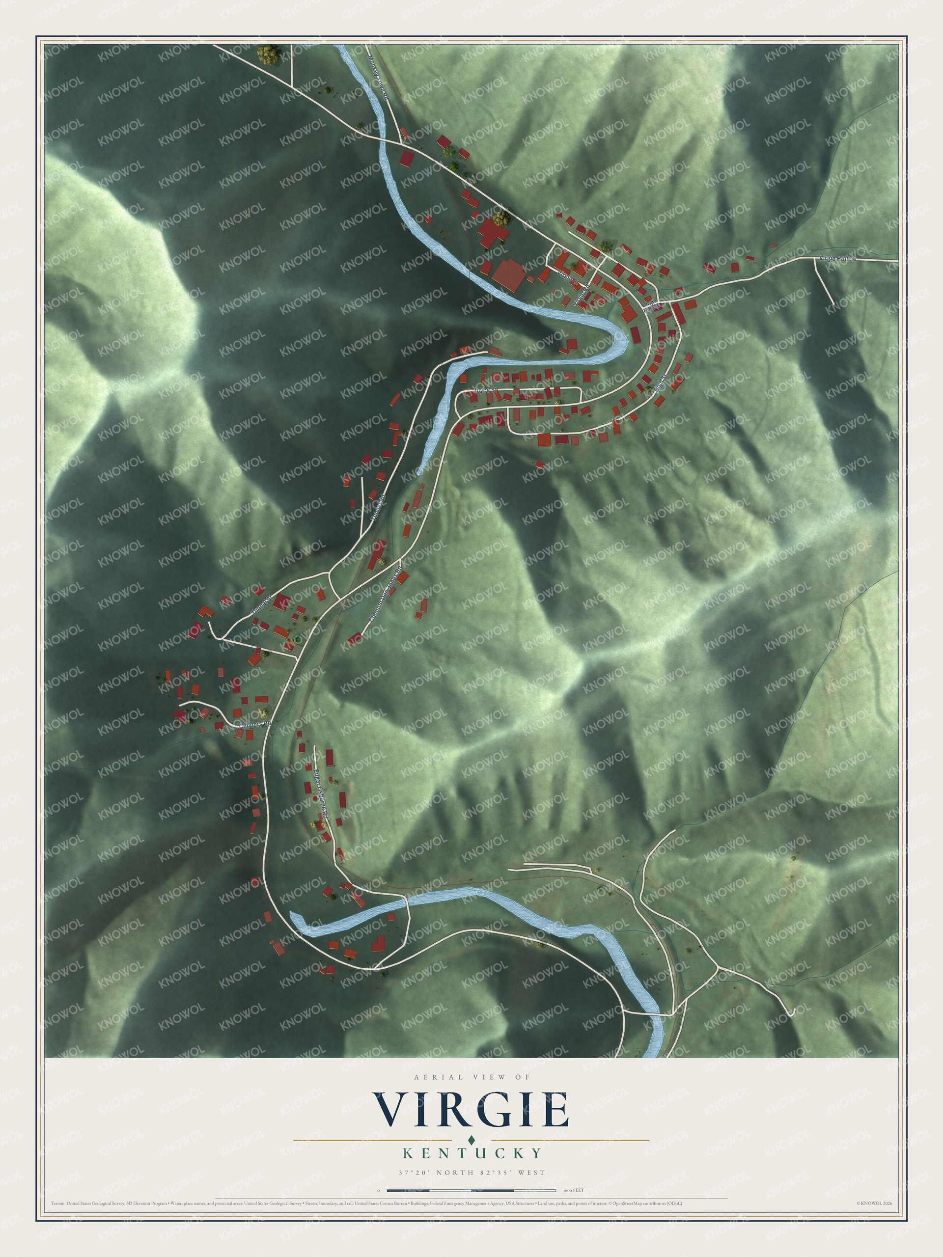Full map of Virgie, Kentucky, with red buildings, printed street names and the land around them