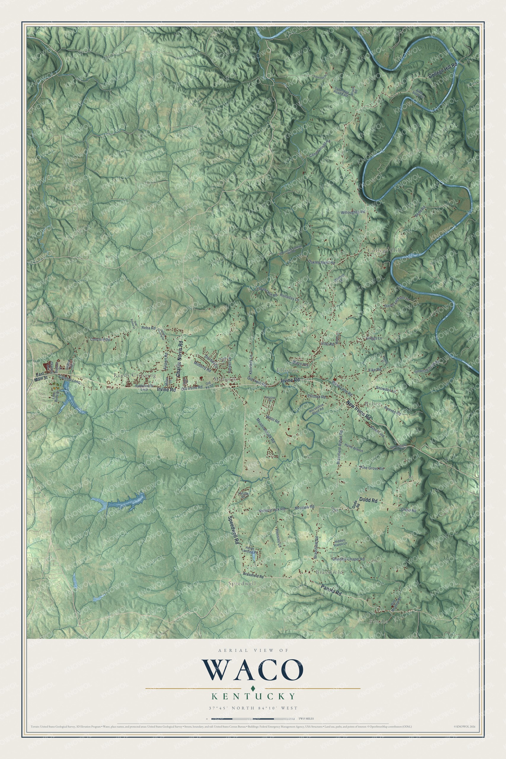 Full map of Waco, Kentucky, with red buildings, printed street names and the land around them