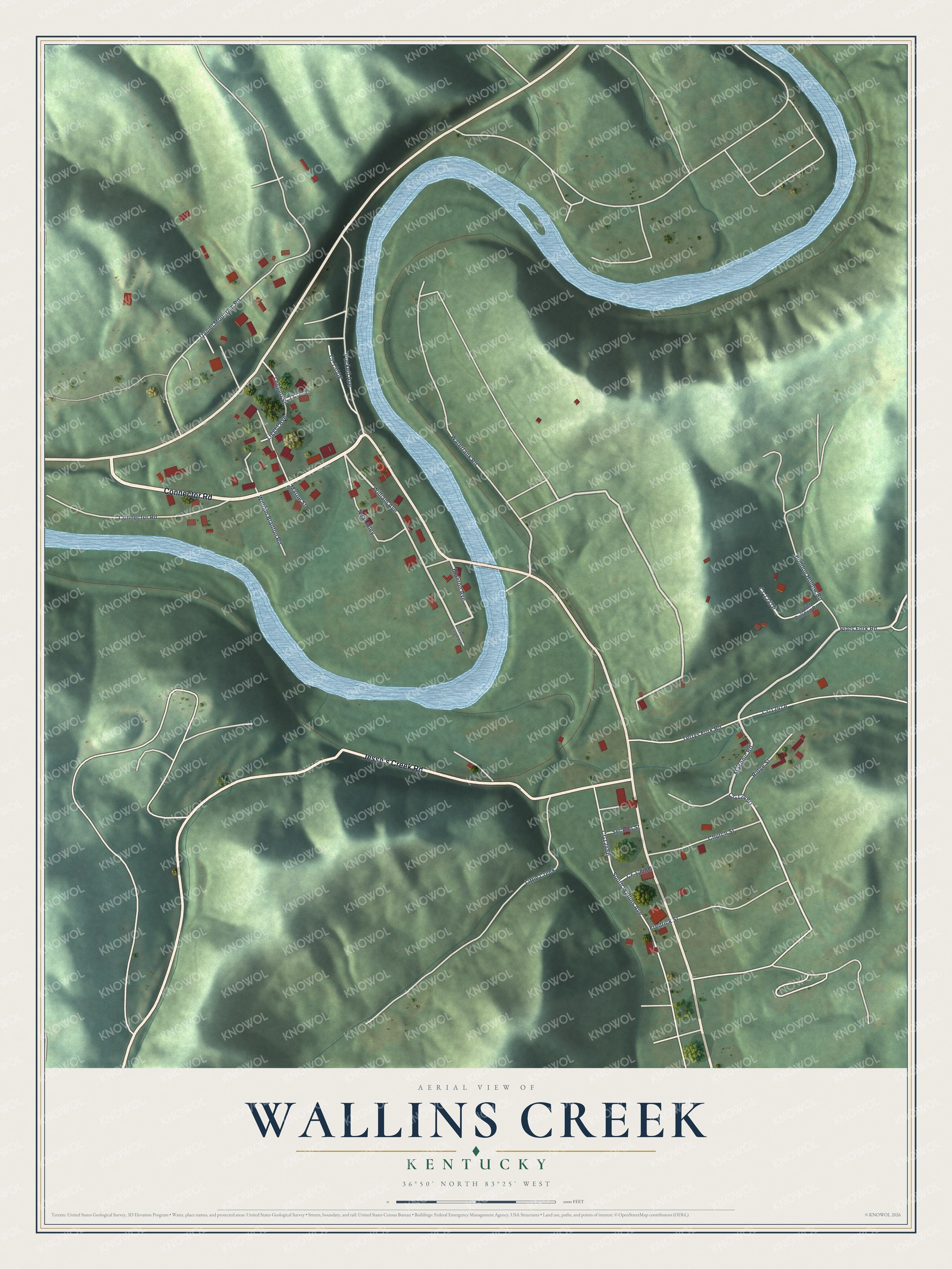 Full map of Wallins Creek, Kentucky, with red buildings, printed street names and the land around them