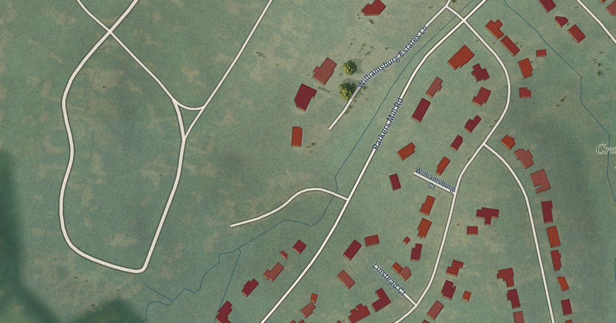 Close-up of streets and buildings in West Gardenside, Kentucky