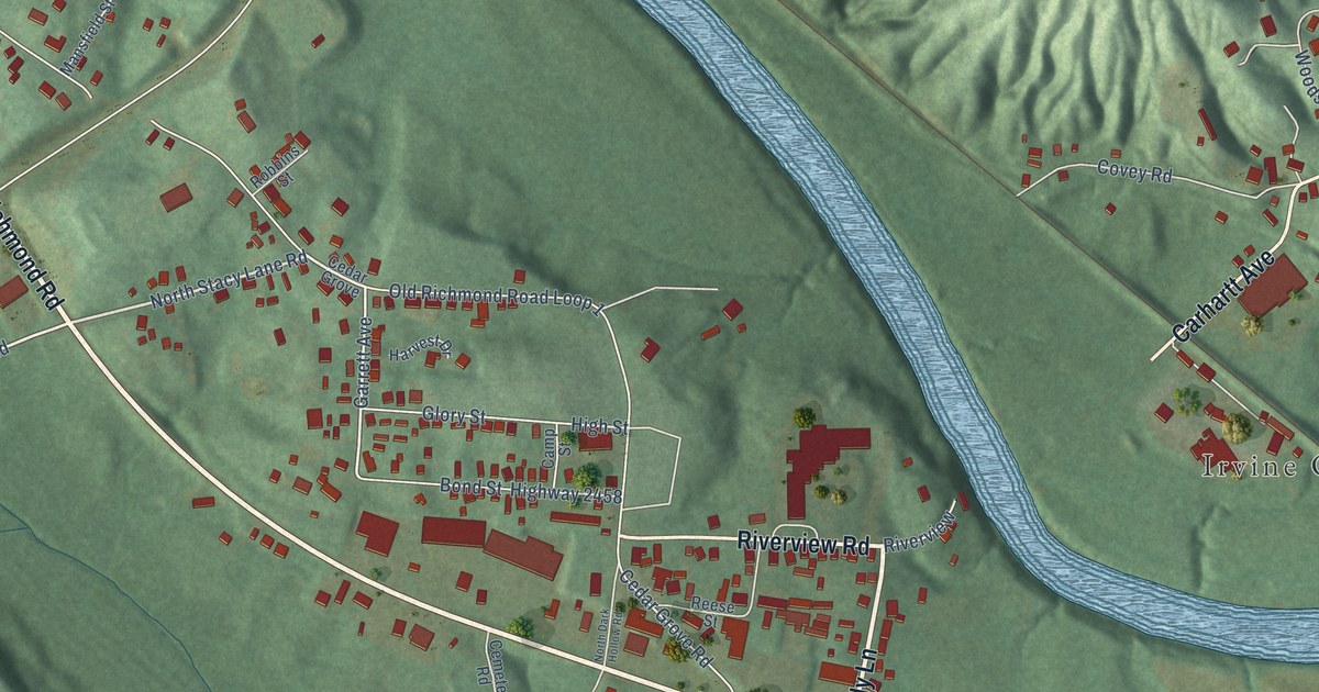 Close-up of streets and buildings in West Irvine, Kentucky
