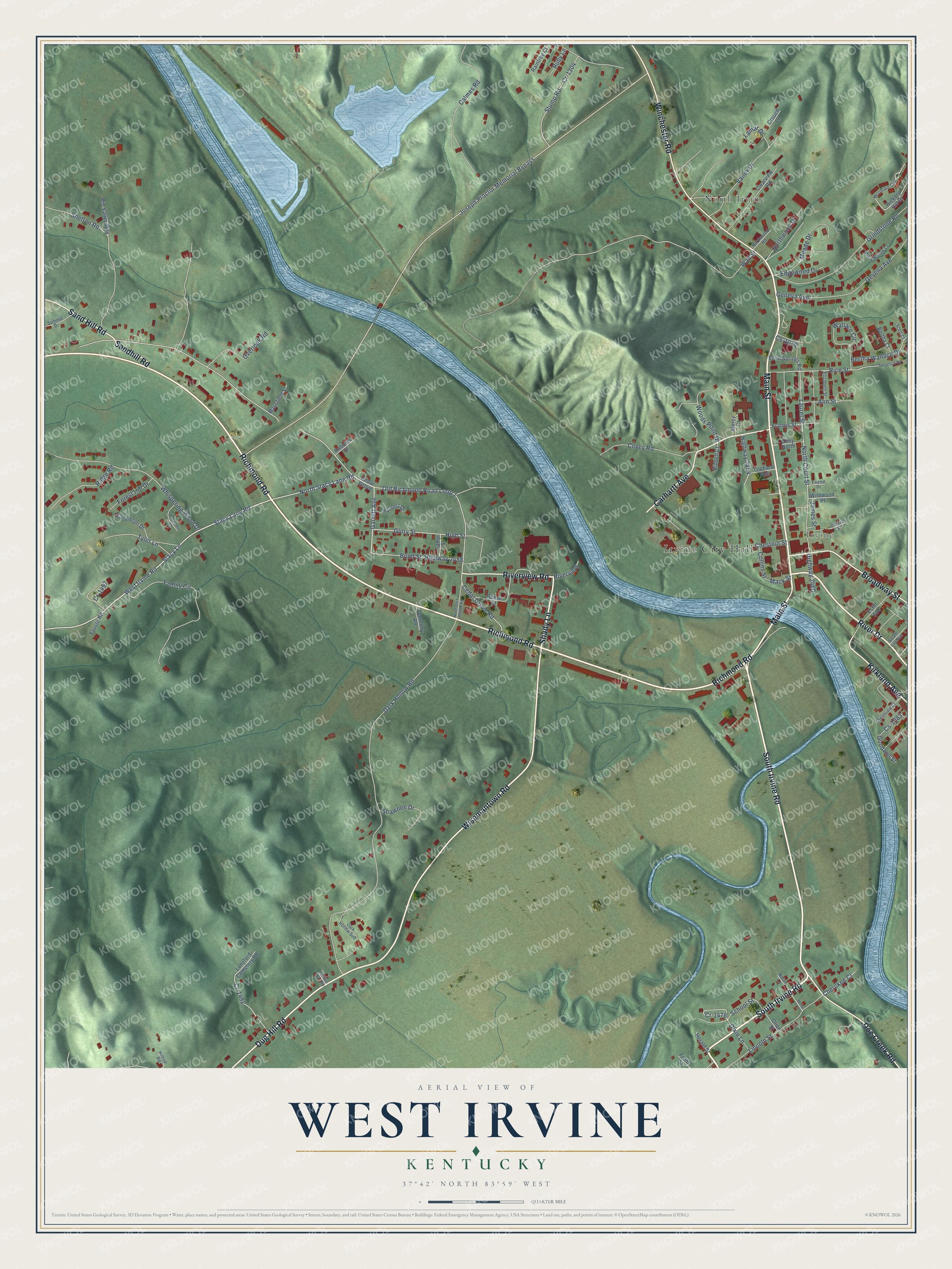 Full map of West Irvine, Kentucky, with red buildings, printed street names and the land around them