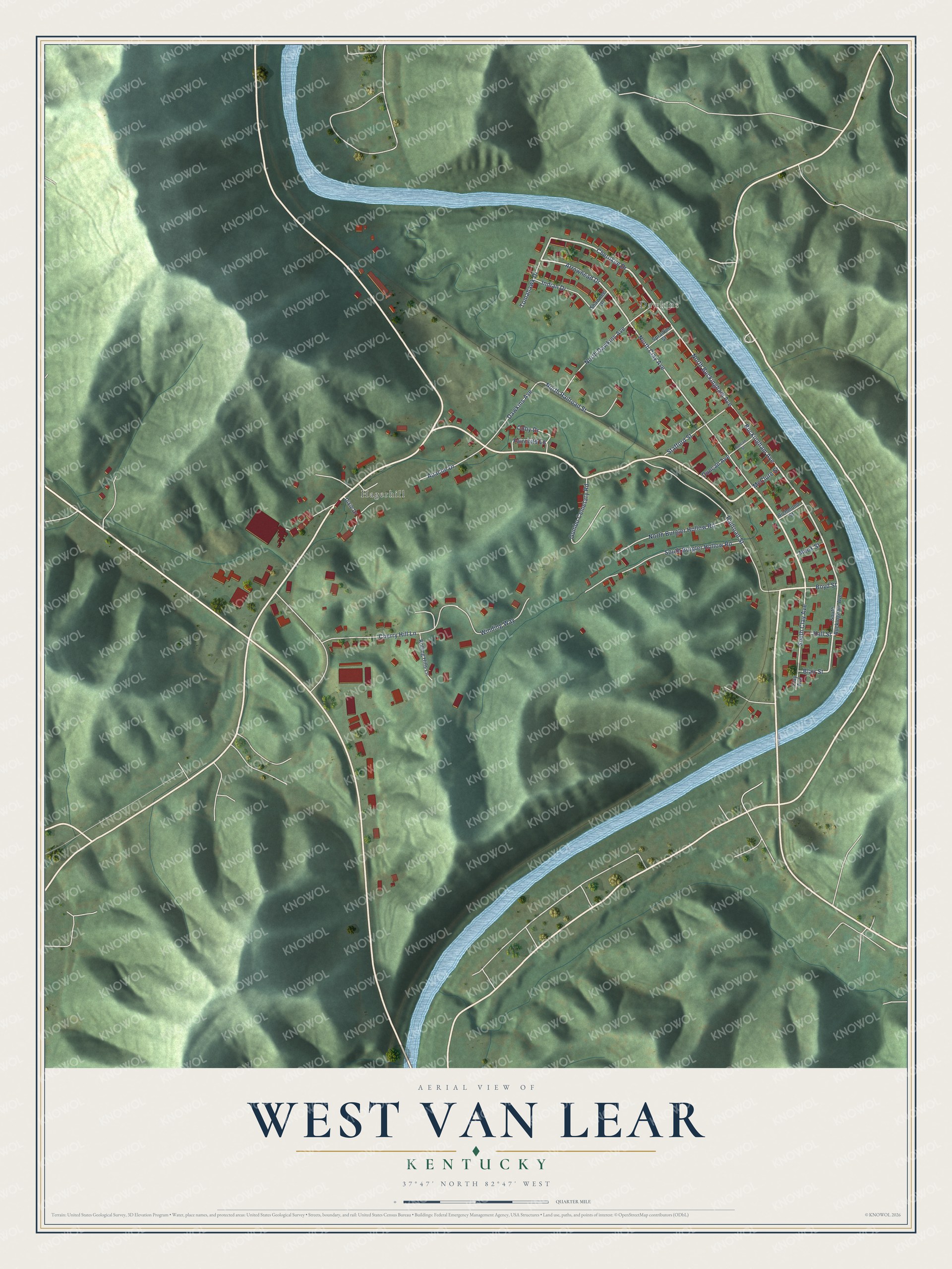 Full map of West Van Lear, Kentucky, with red buildings, printed street names and the land around them