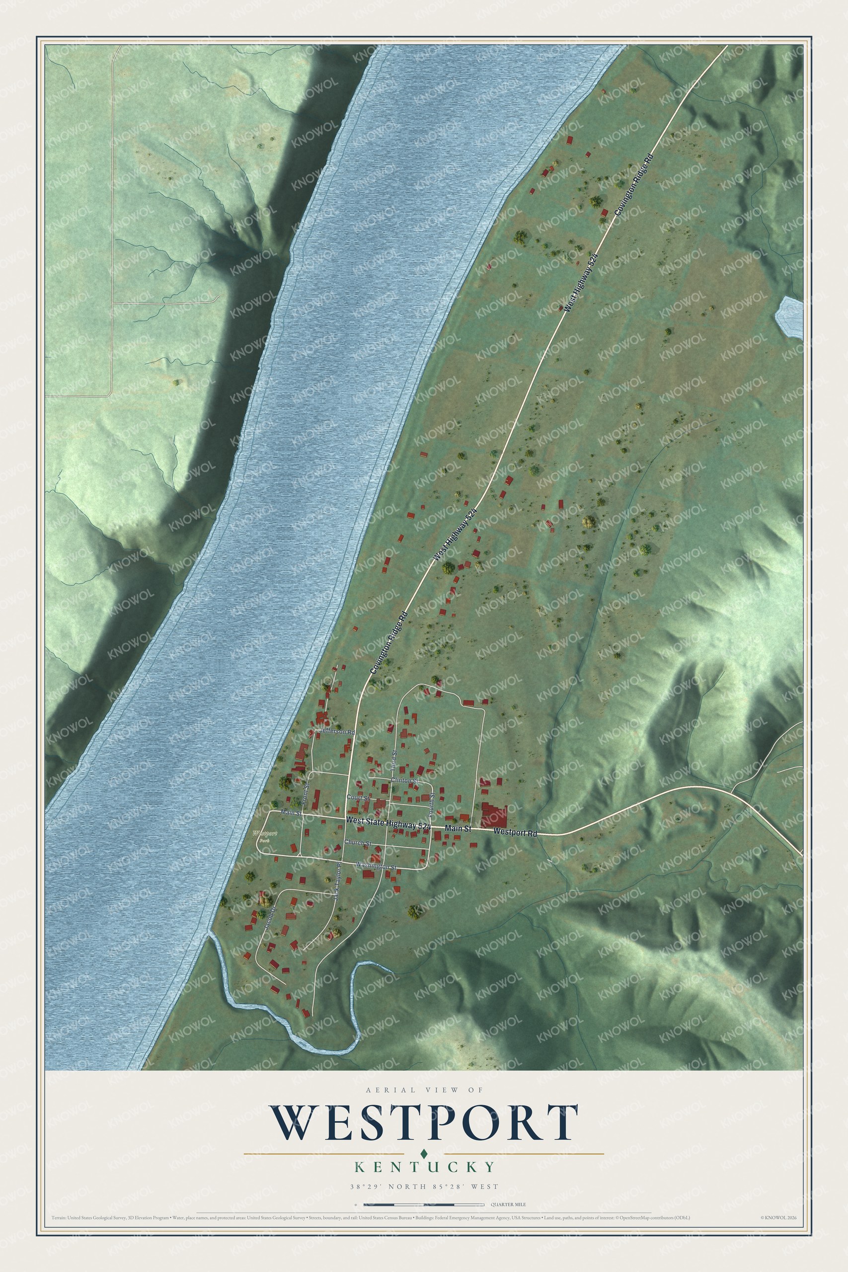 Full map of Westport, Kentucky, with red buildings, printed street names and the land around them
