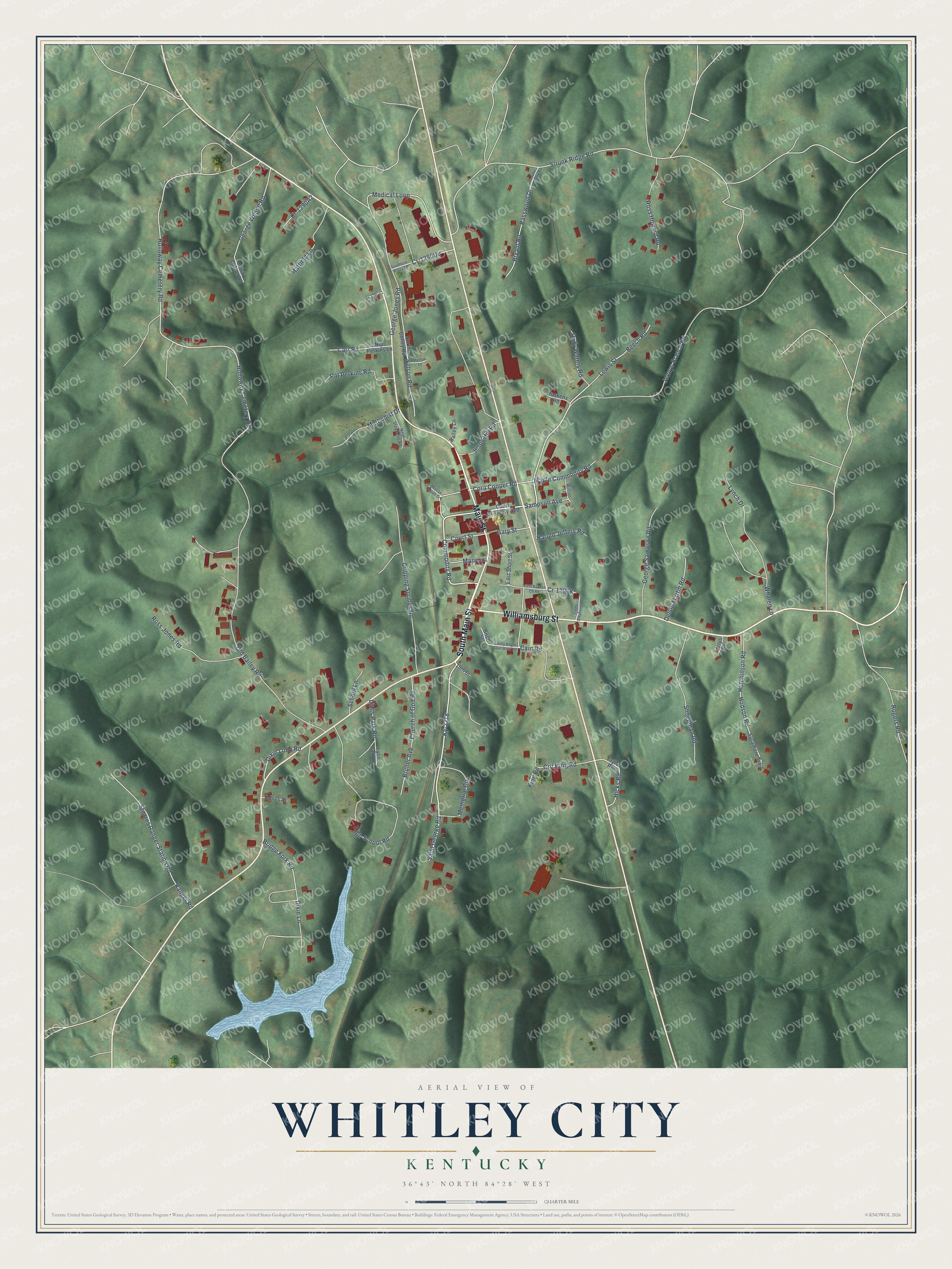 Full map of Whitley City, Kentucky, with red buildings, printed street names and the land around them