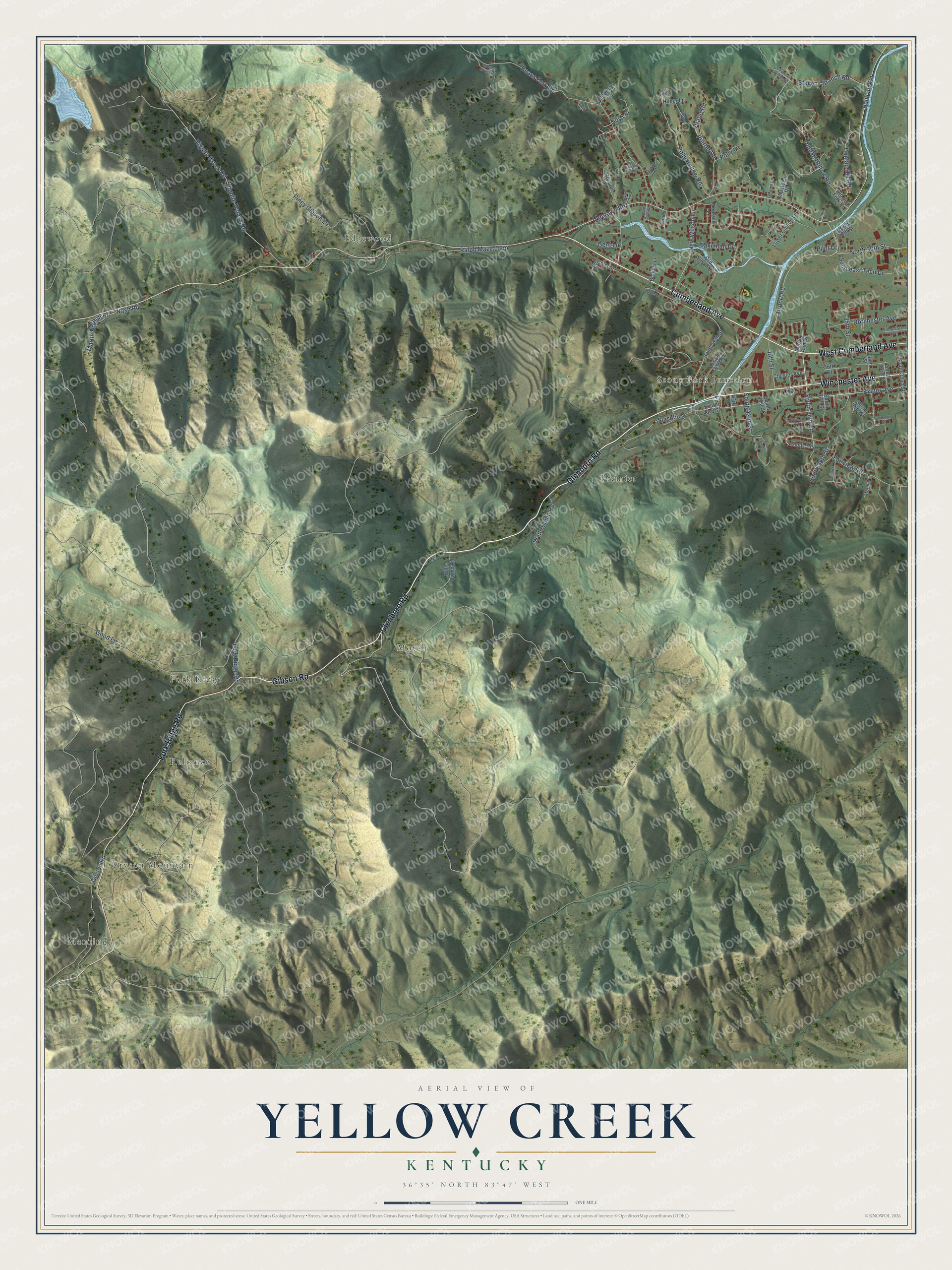 Full map of Yellow Creek, Kentucky, with red buildings, printed street names and the land around them