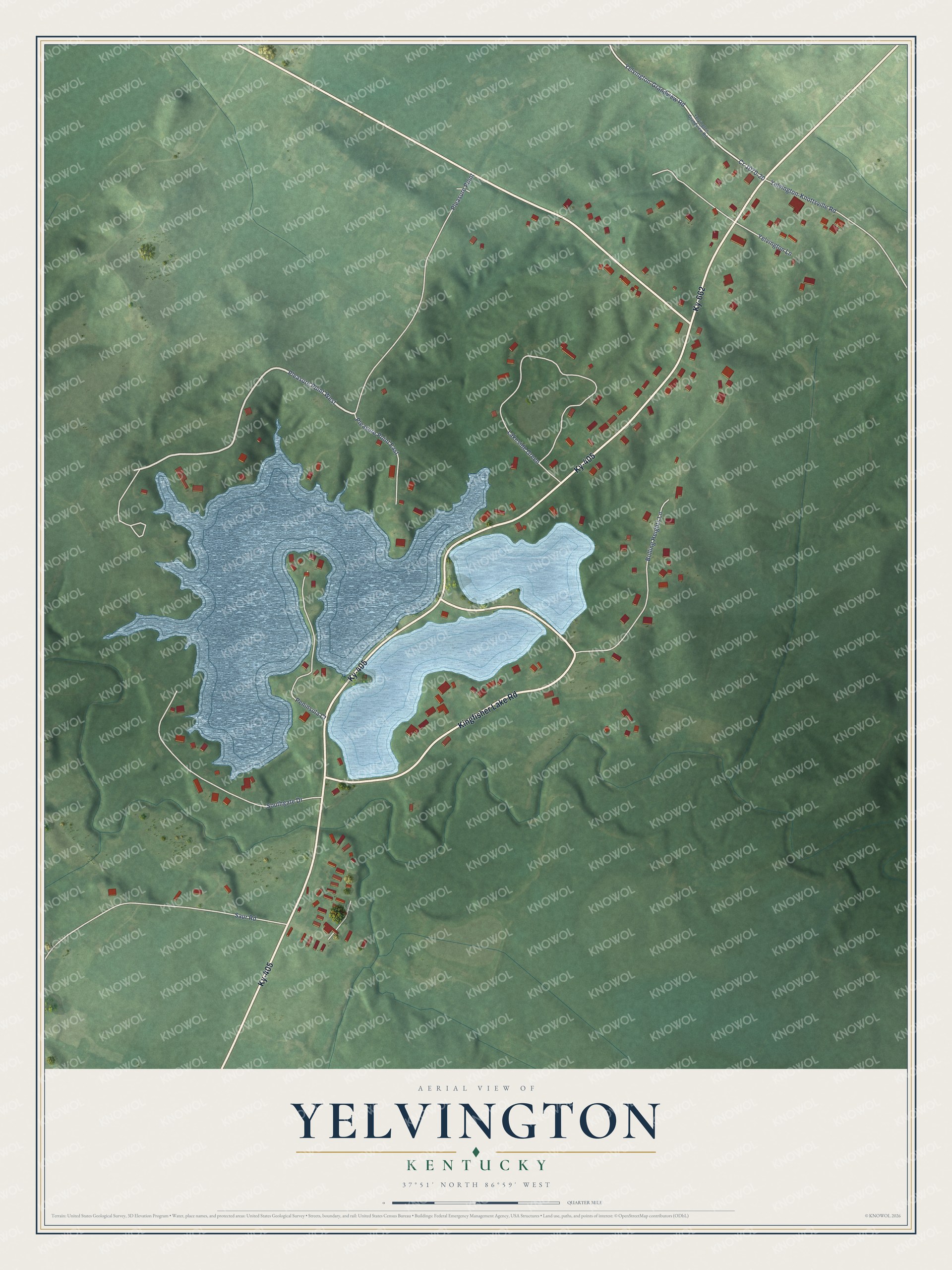 Full map of Yelvington, Kentucky, with red buildings, printed street names and the land around them