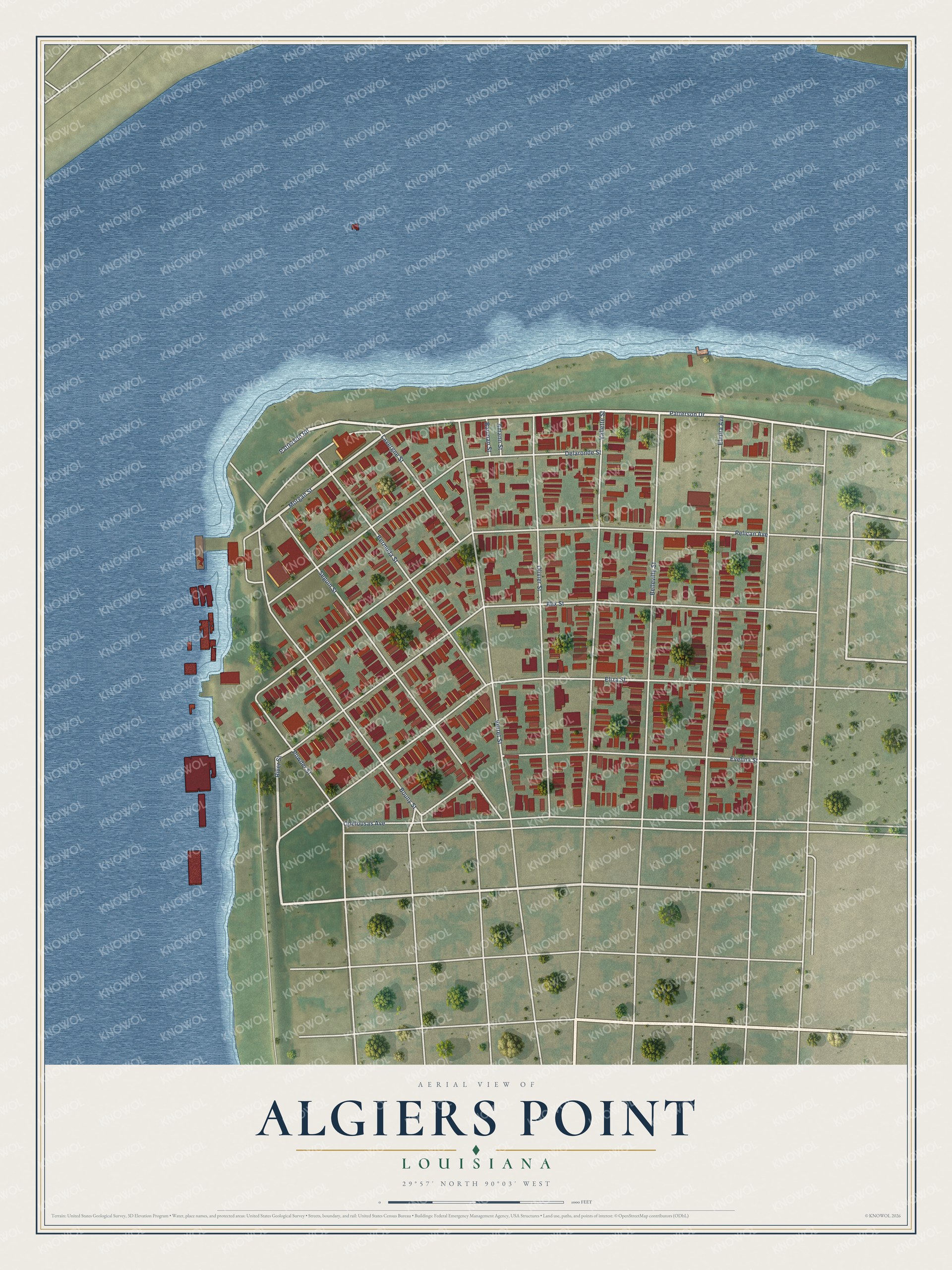 Full map of Algiers Point, Louisiana, with red buildings, printed street names and the land around them