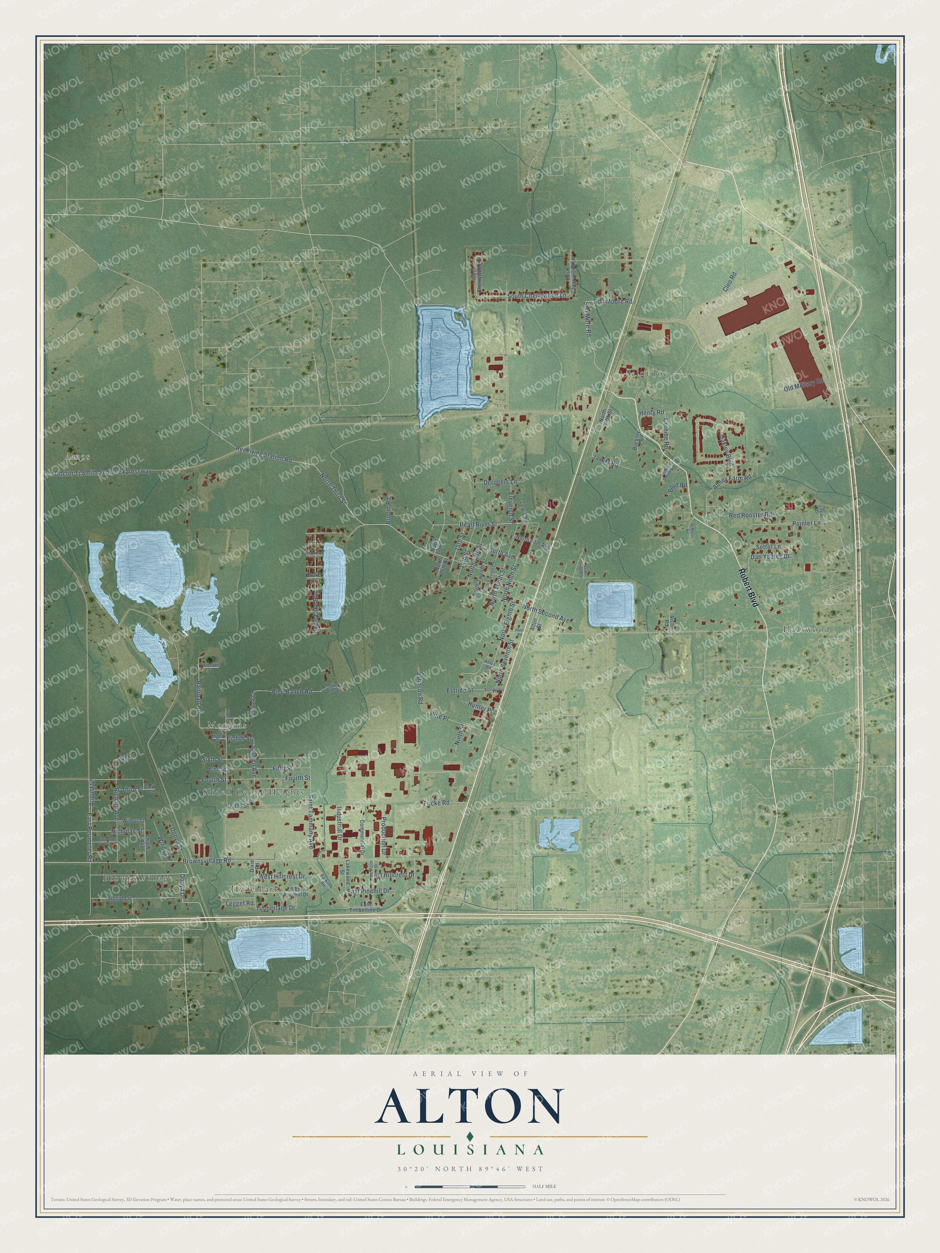 Full map of Alton, Louisiana, with red buildings, printed street names and the land around them