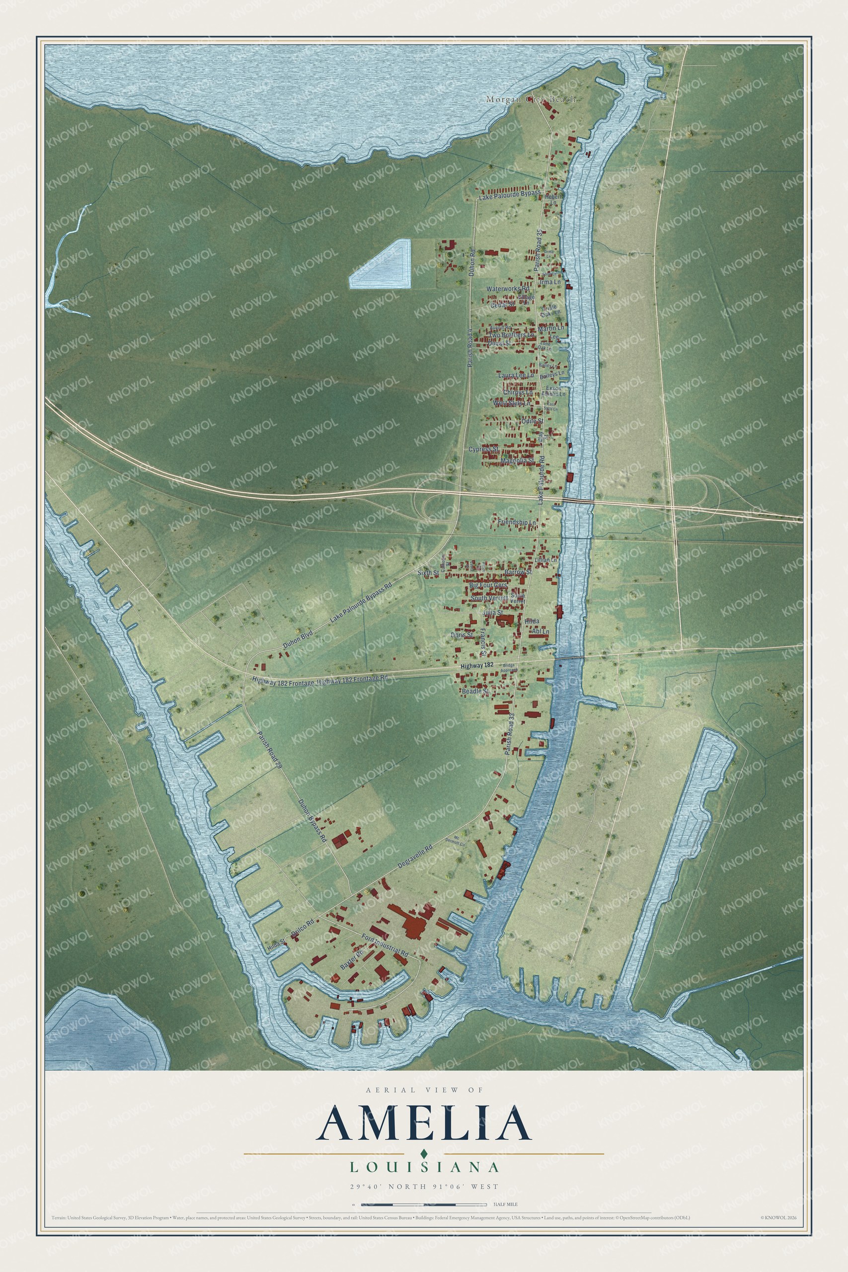 Full map of Amelia, Louisiana, with red buildings, printed street names and the land around them