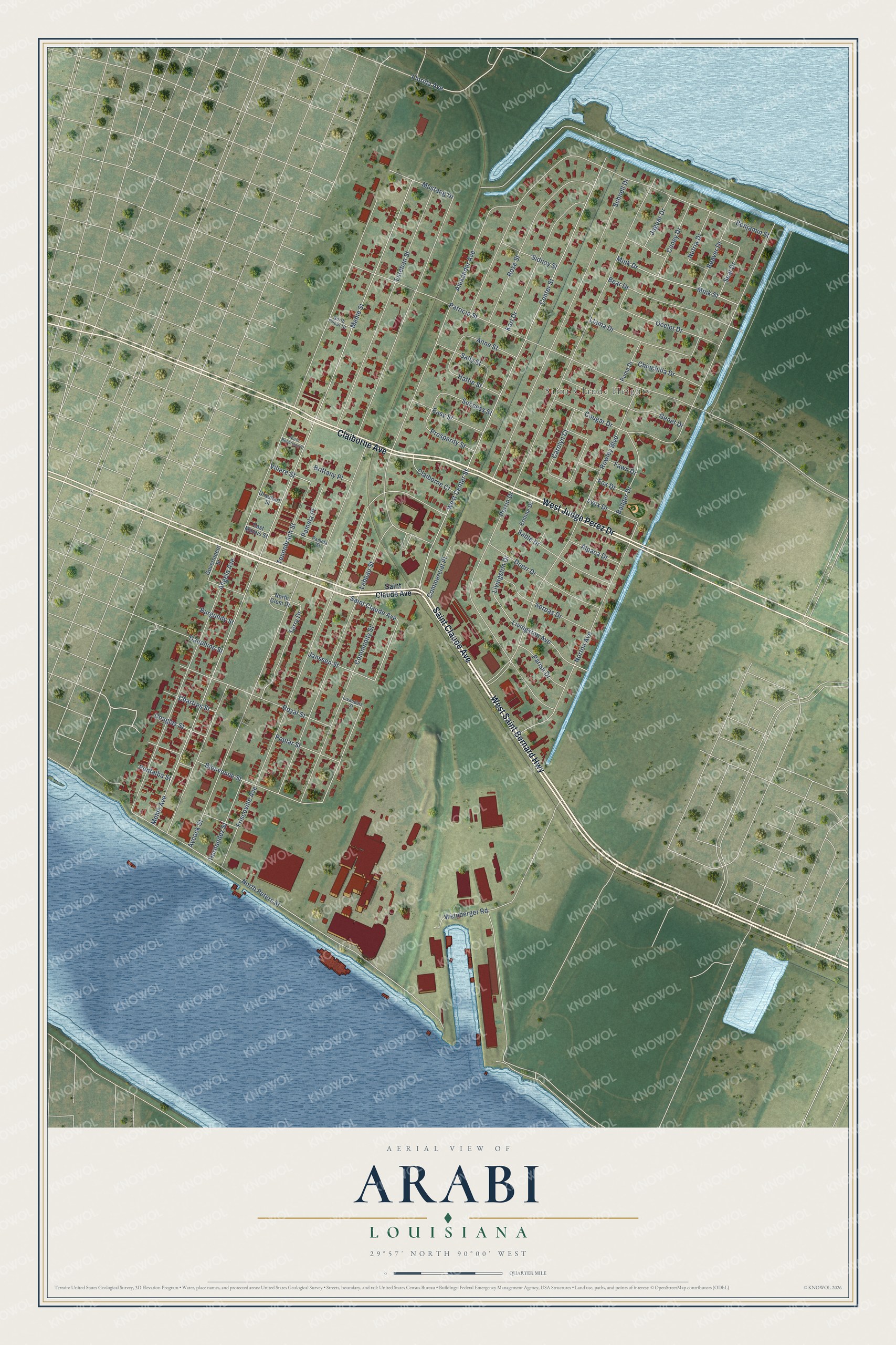 Full map of Arabi, Louisiana, with red buildings, printed street names and the land around them