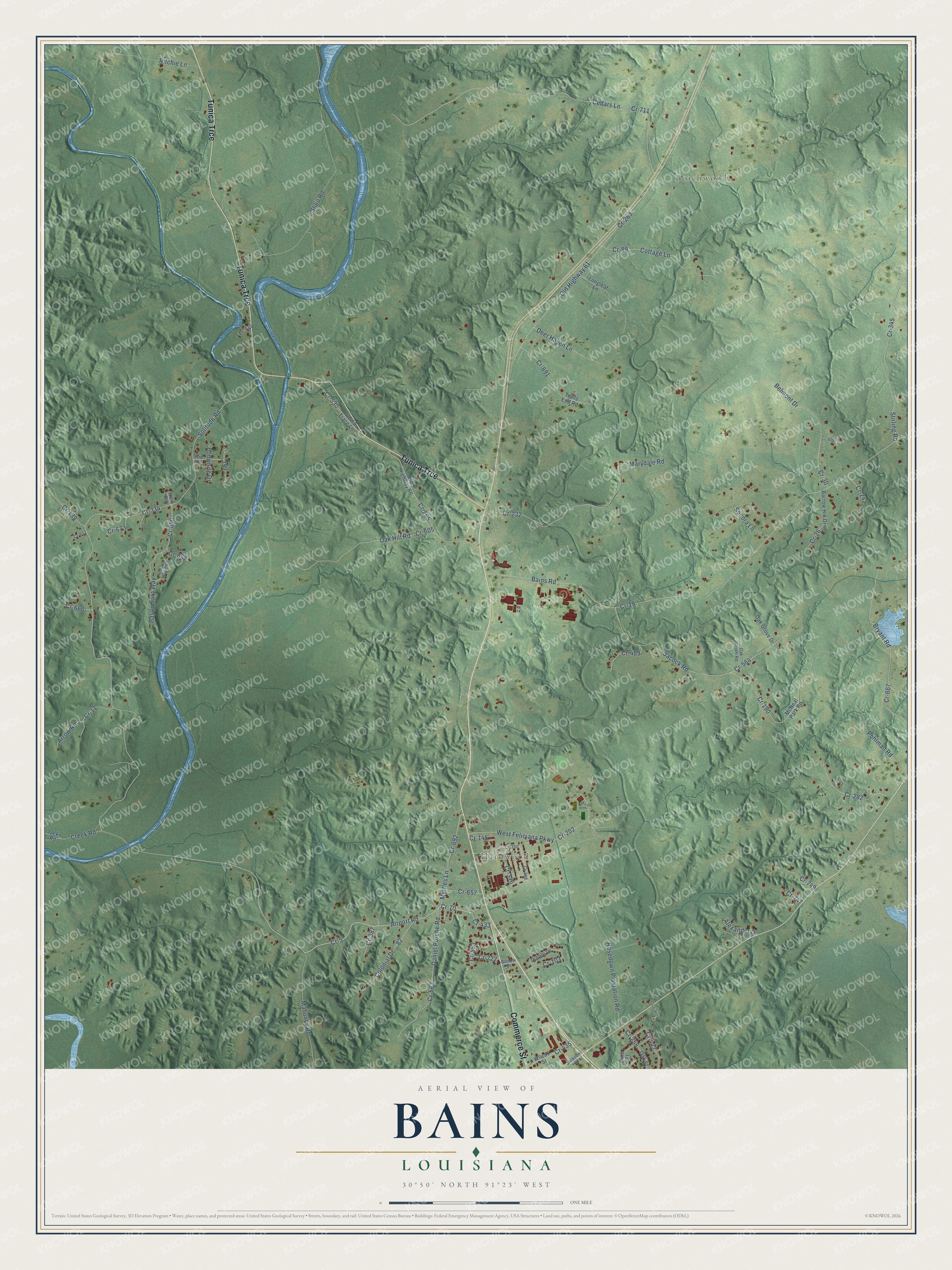 Full map of Bains, Louisiana, with red buildings, printed street names and the land around them