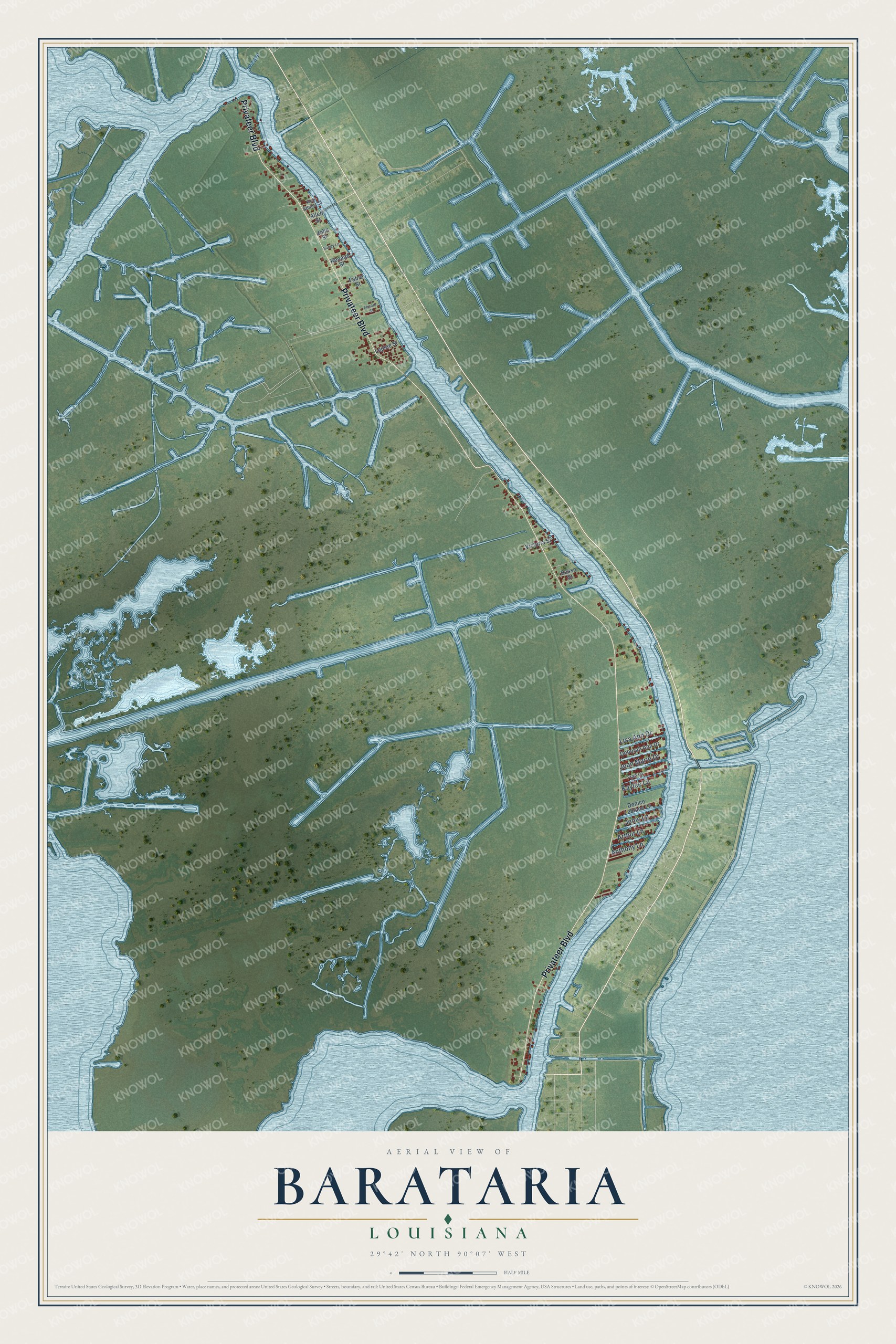 Full map of Barataria, Louisiana, with red buildings, printed street names and the land around them