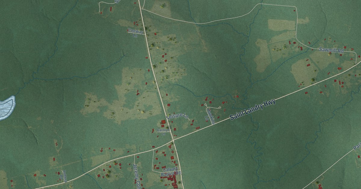 Close-up of streets and buildings in Bayou Chicot, Louisiana