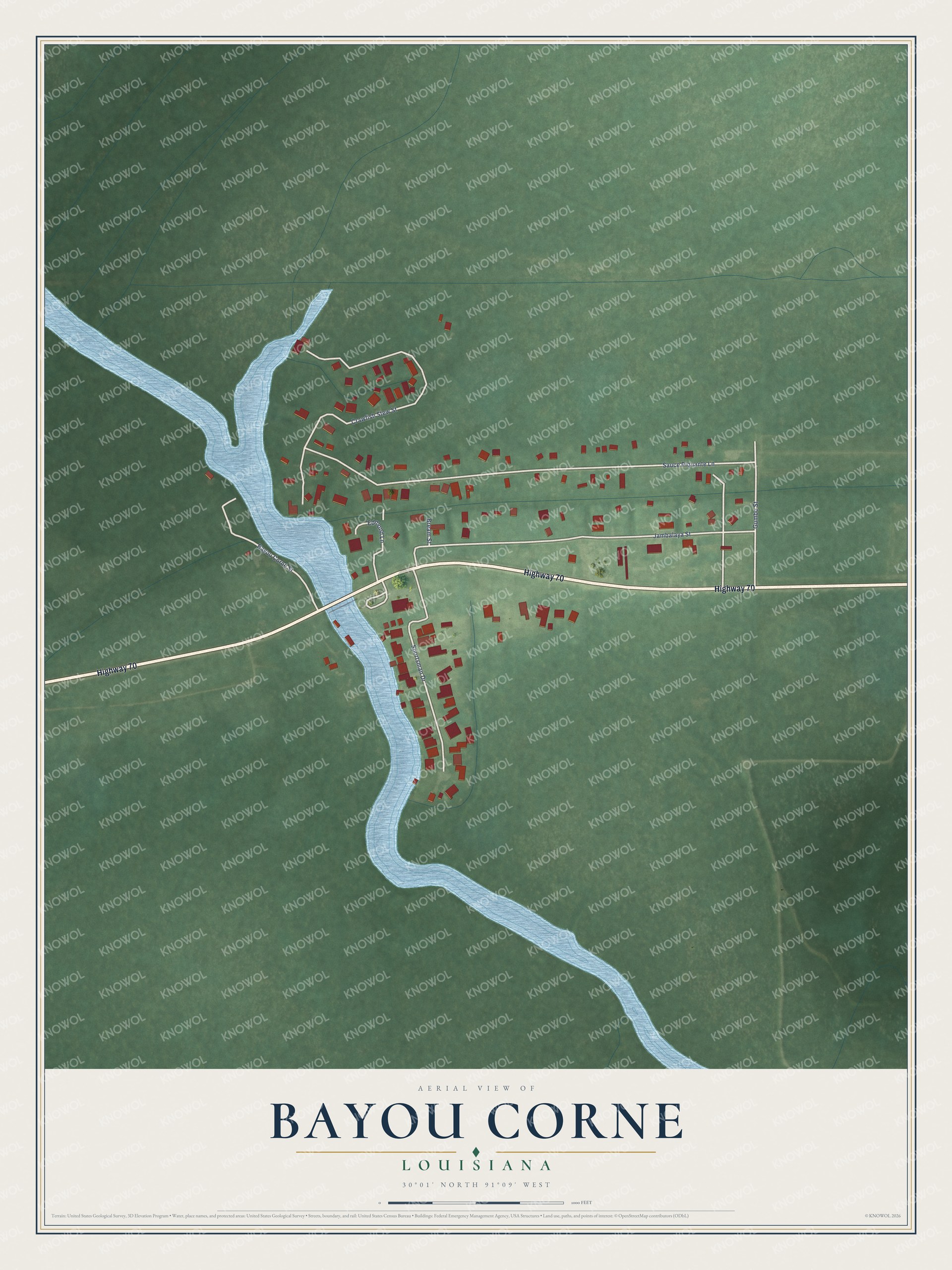 Full map of Bayou Corne, Louisiana, with red buildings, printed street names and the land around them