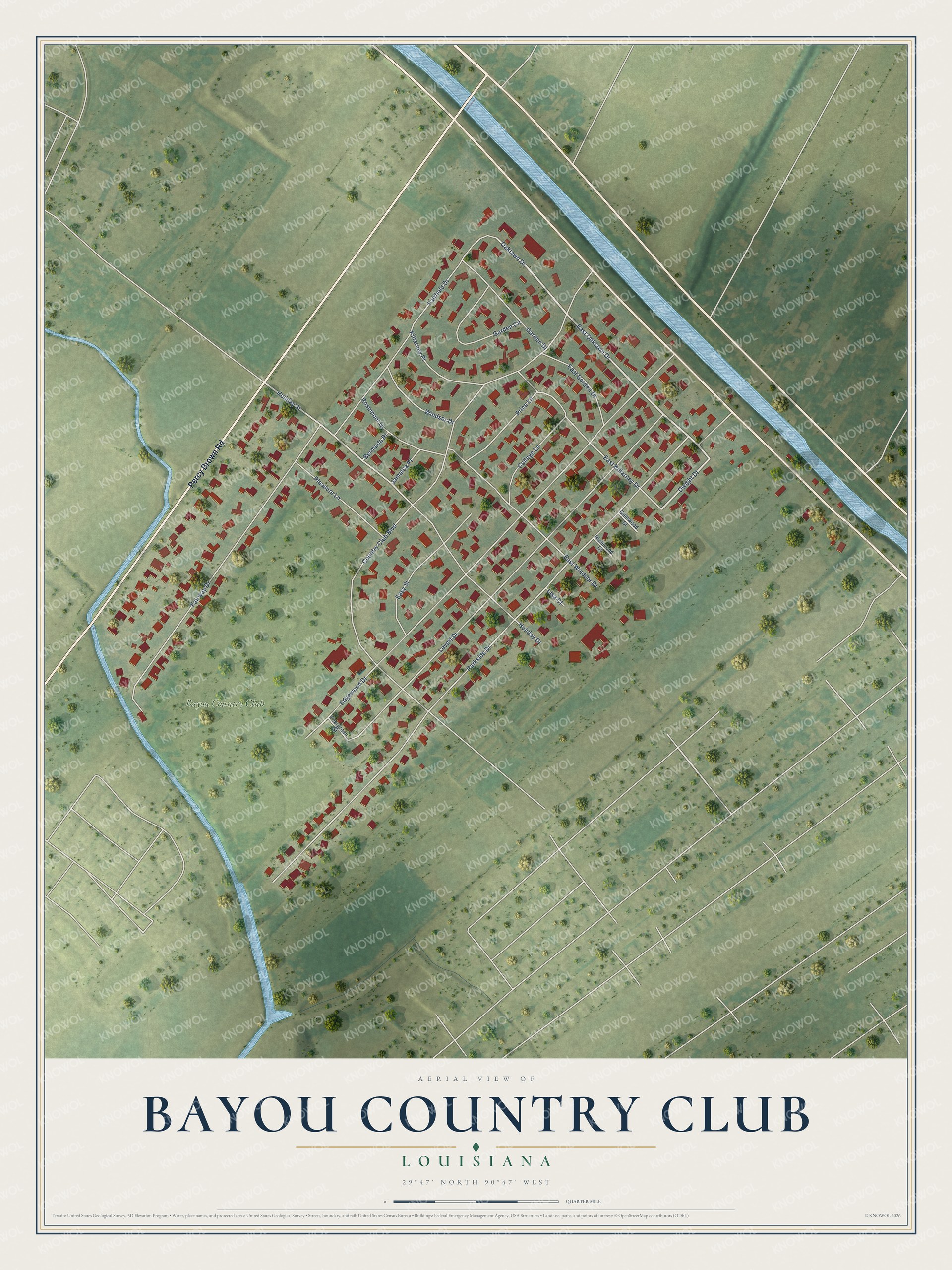 Full map of Bayou Country Club, Louisiana, with red buildings, printed street names and the land around them