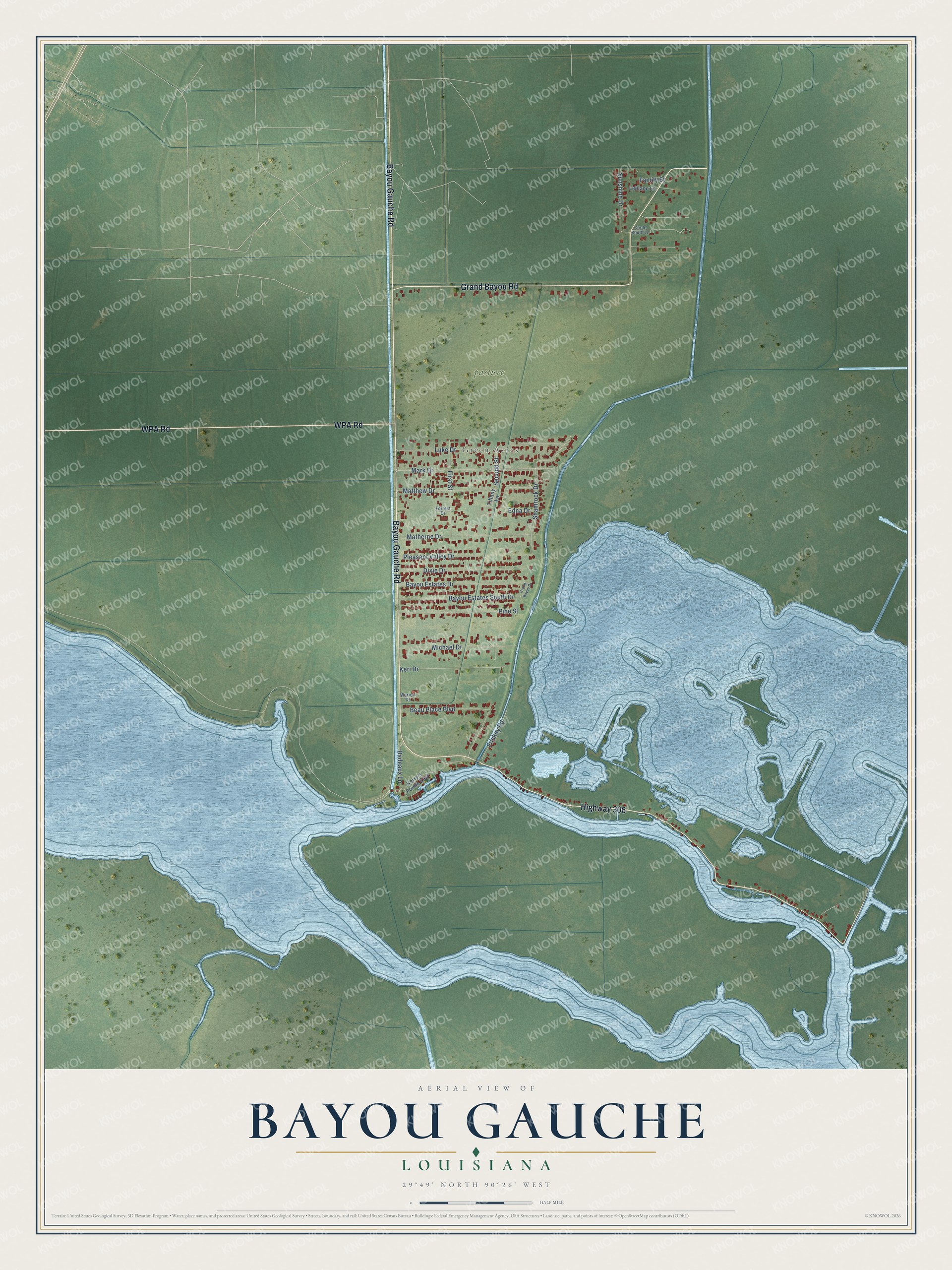 Full map of Bayou Gauche, Louisiana, with red buildings, printed street names and the land around them