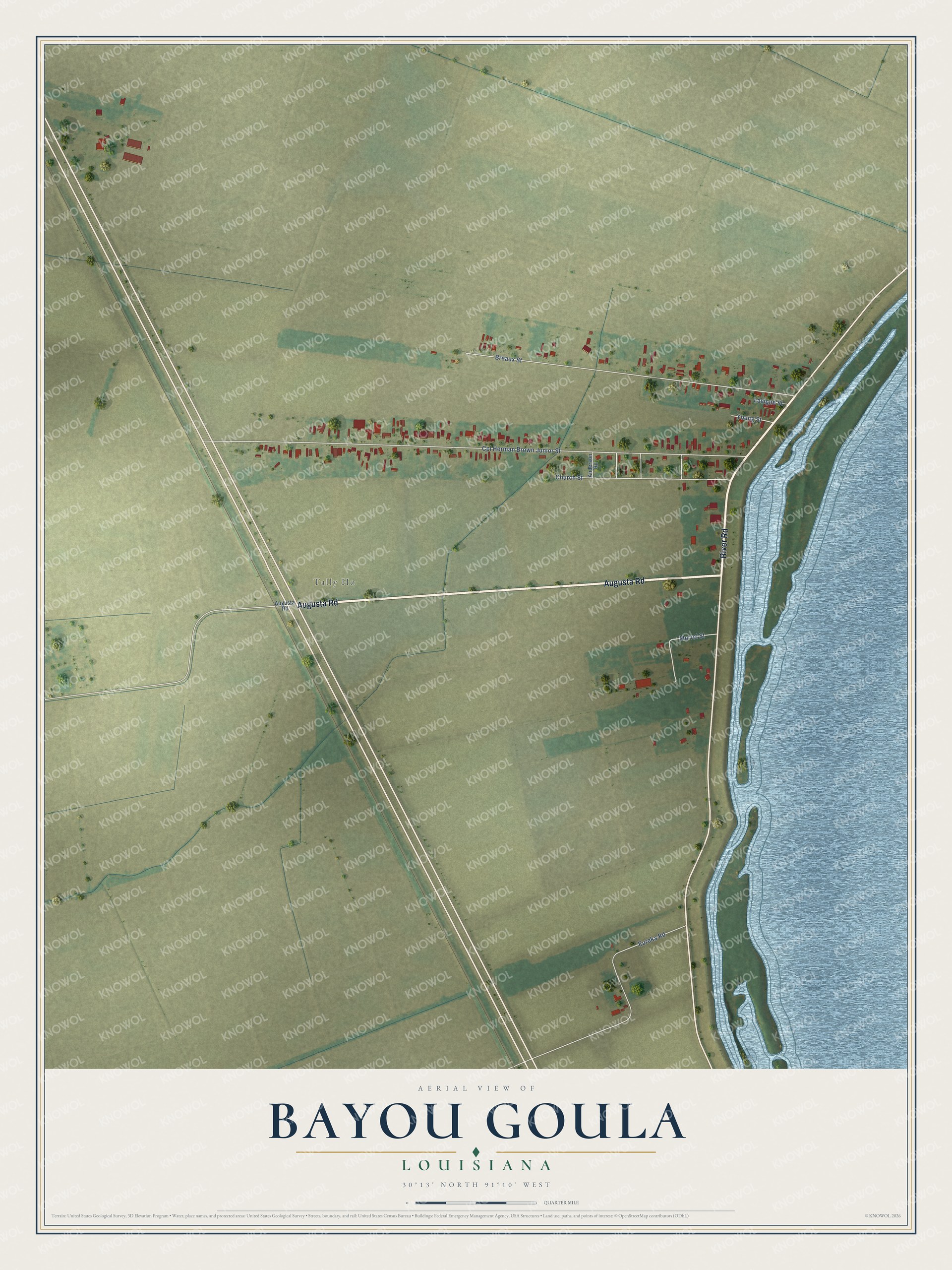 Full map of Bayou Goula, Louisiana, with red buildings, printed street names and the land around them
