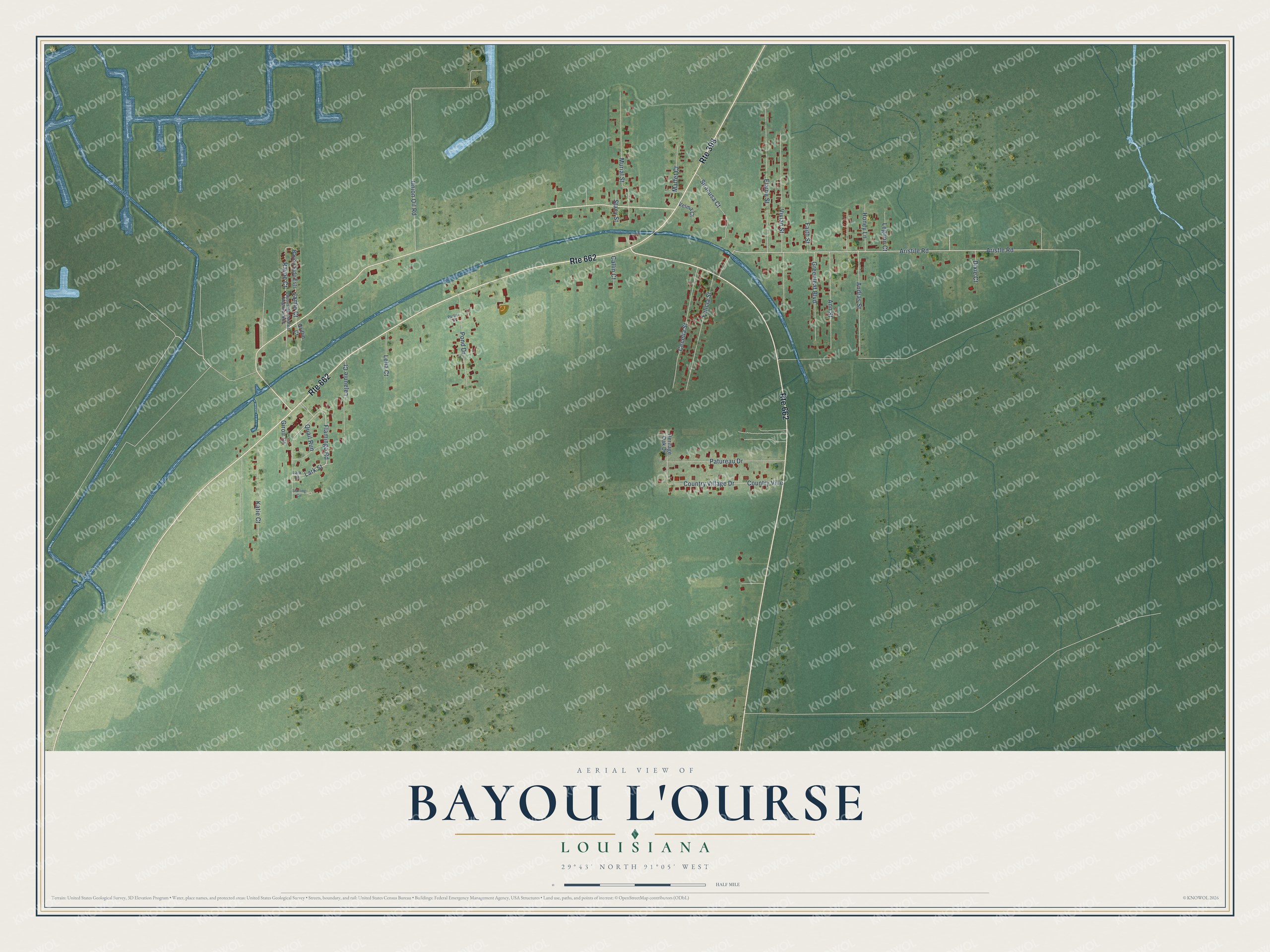 Full map of Bayou L'Ourse, Louisiana, with red buildings, printed street names and the land around them