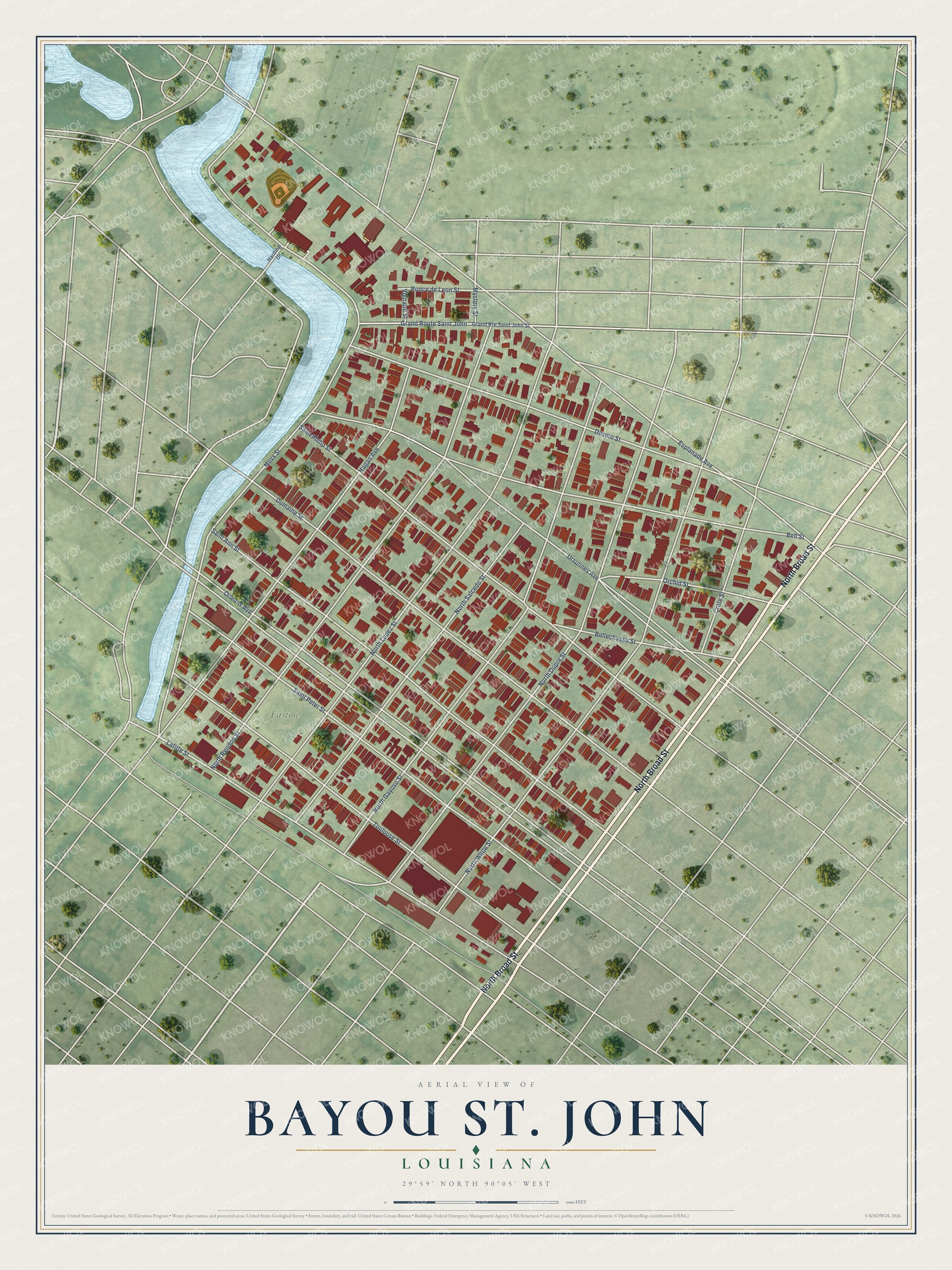 Full map of Bayou St. John, Louisiana, with red buildings, printed street names and the land around them