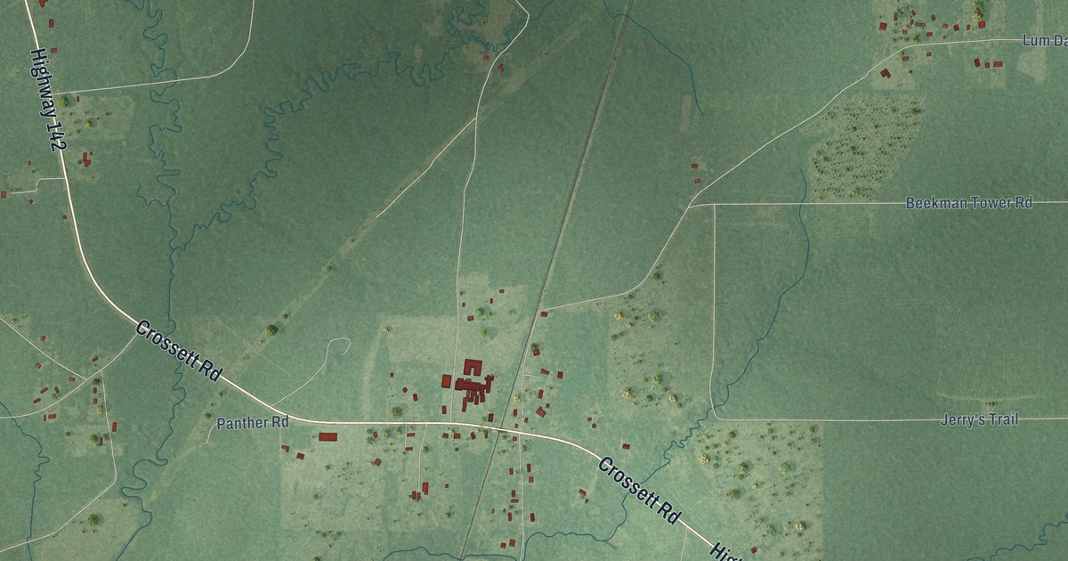 Close-up of streets and buildings in Beekman, Louisiana