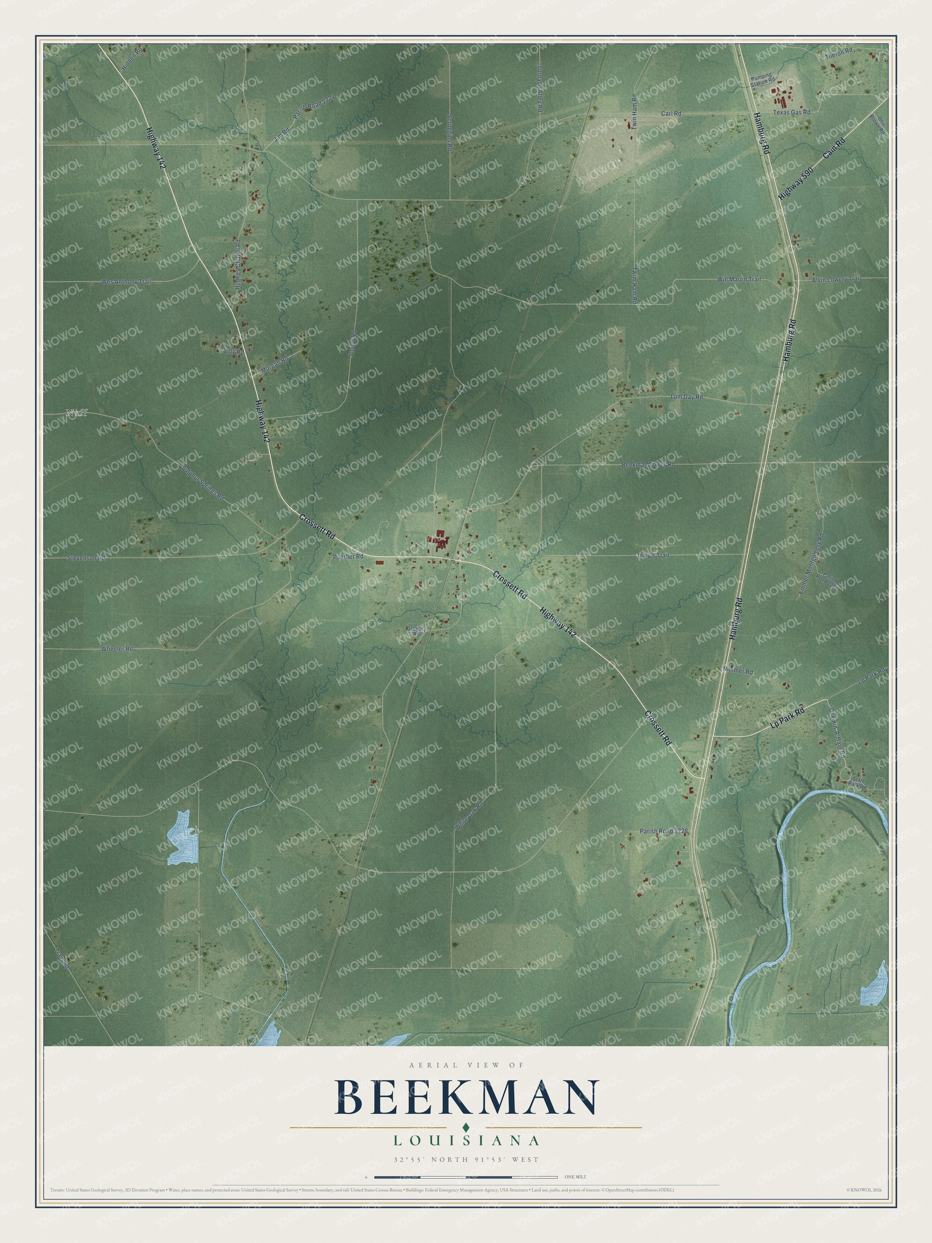 Full map of Beekman, Louisiana, with red buildings, printed street names and the land around them