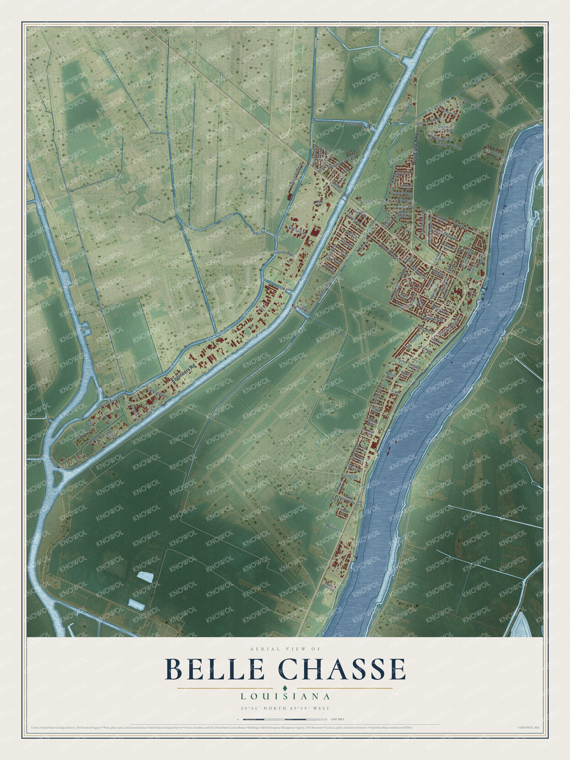 Full map of Belle Chasse, Louisiana, with red buildings, printed street names and the land around them