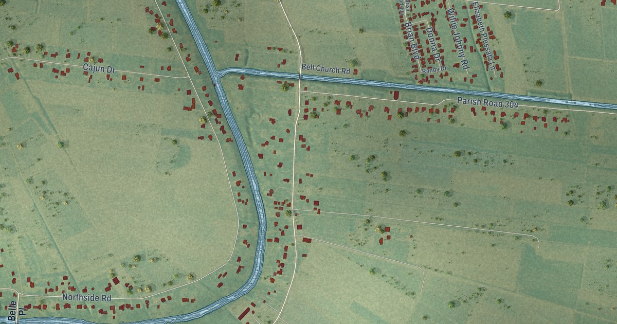 Close-up of streets and buildings in Belle Place, Louisiana