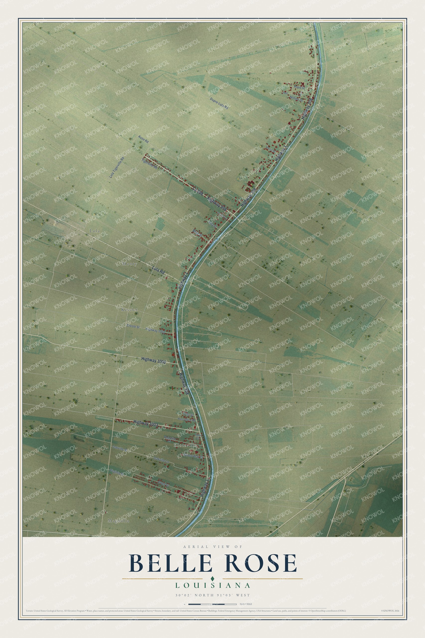 Full map of Belle Rose, Louisiana, with red buildings, printed street names and the land around them