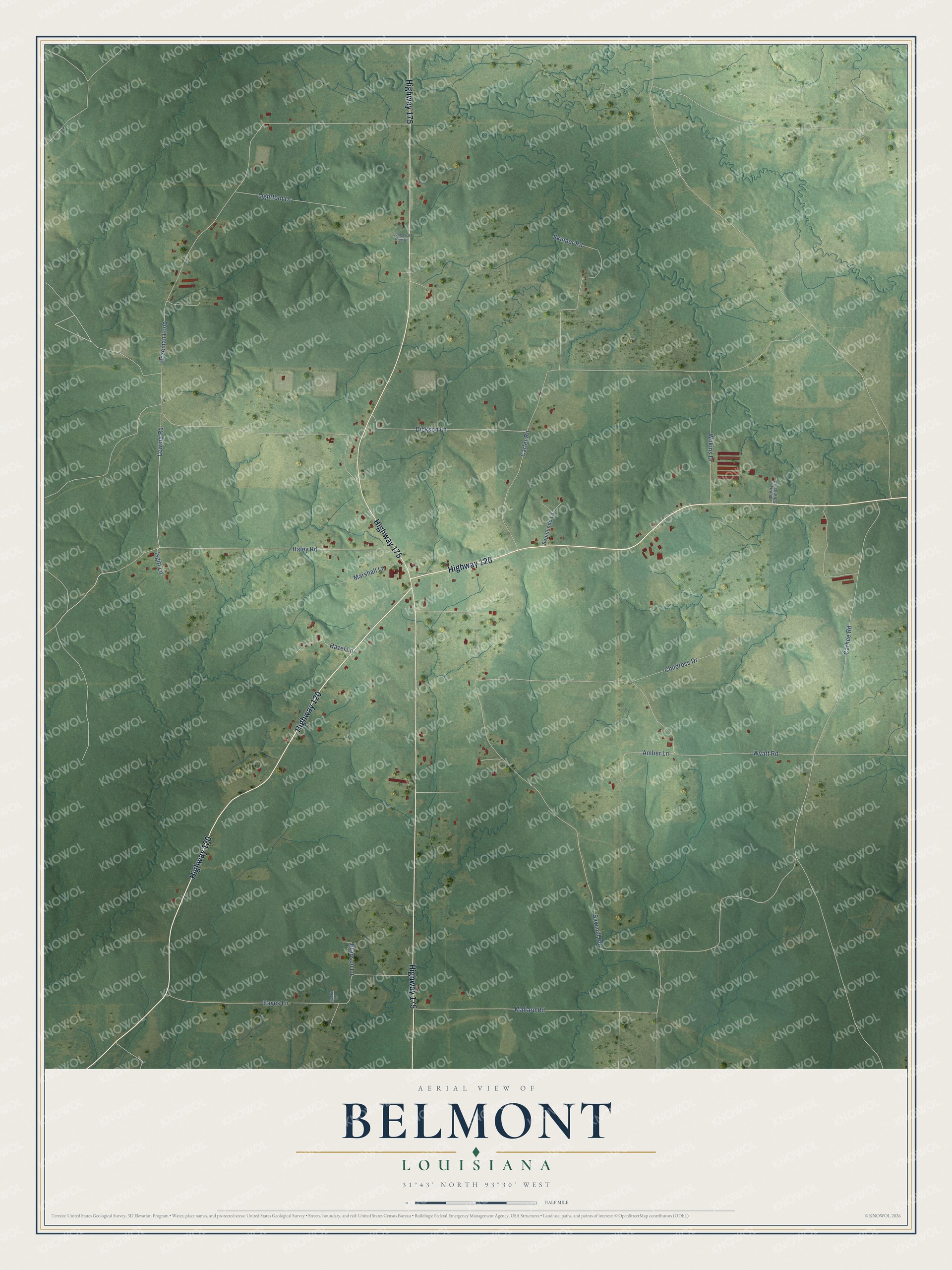 Full map of Belmont, Louisiana, with red buildings, printed street names and the land around them