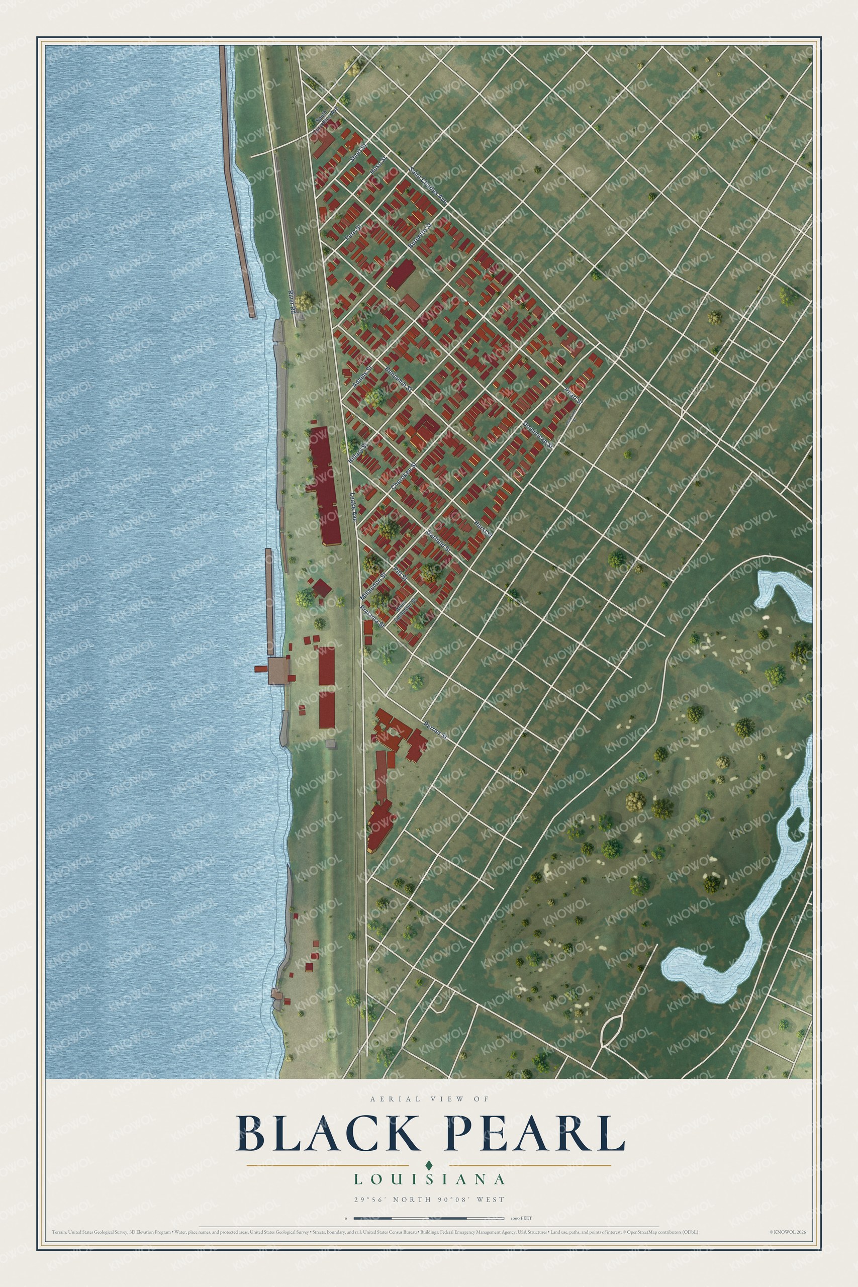 Full map of Black Pearl, Louisiana, with red buildings, printed street names and the land around them