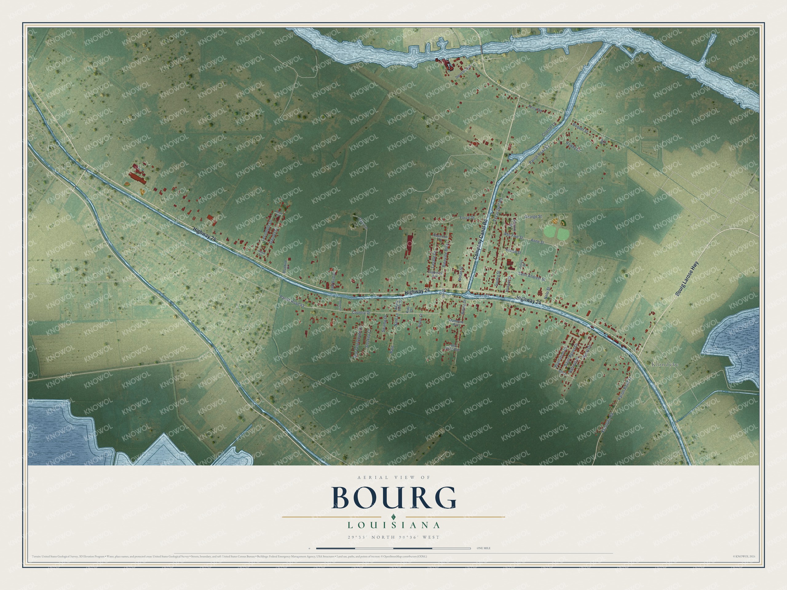 Full map of Bourg, Louisiana, with red buildings, printed street names and the land around them