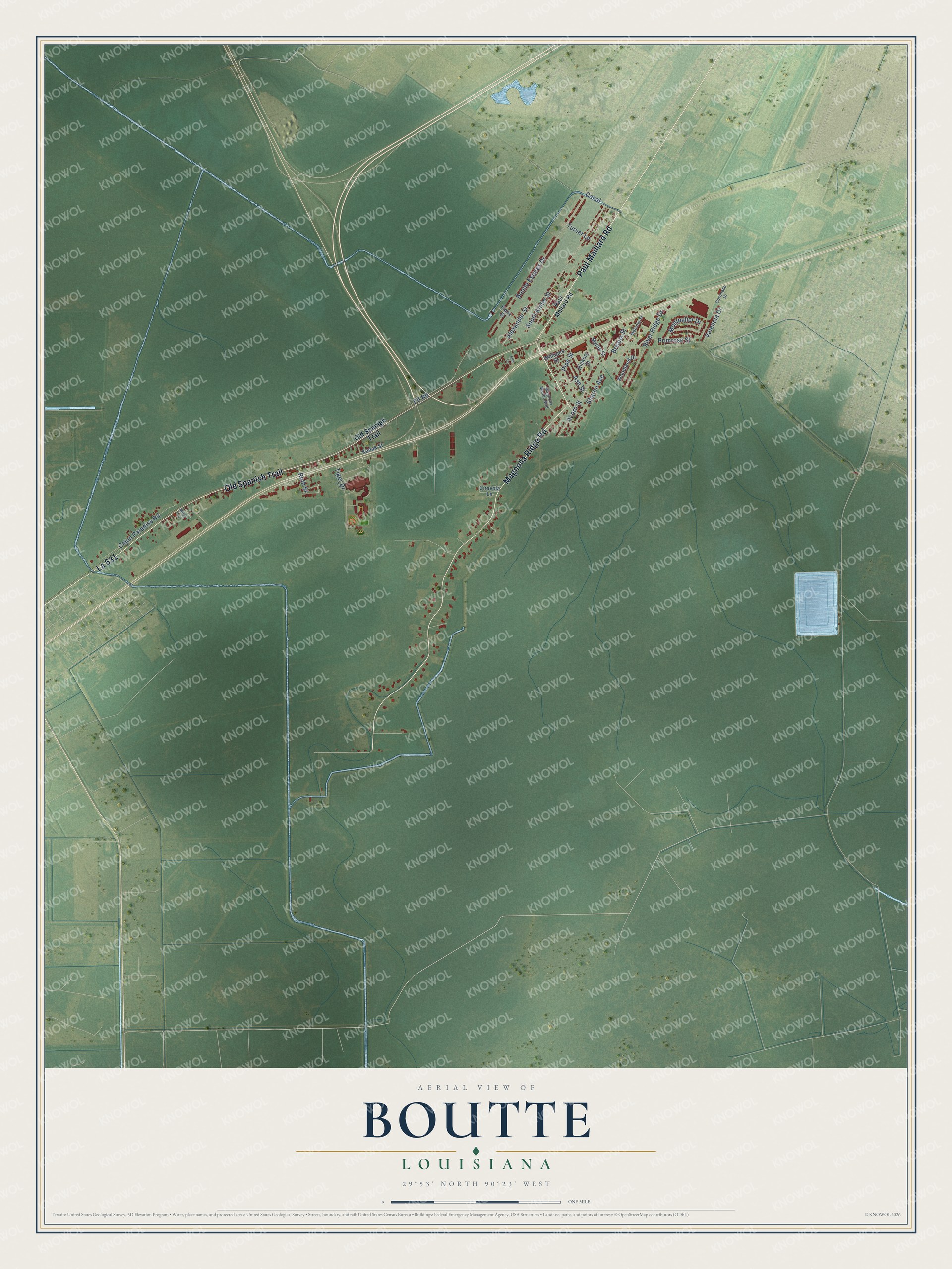 Full map of Boutte, Louisiana, with red buildings, printed street names and the land around them