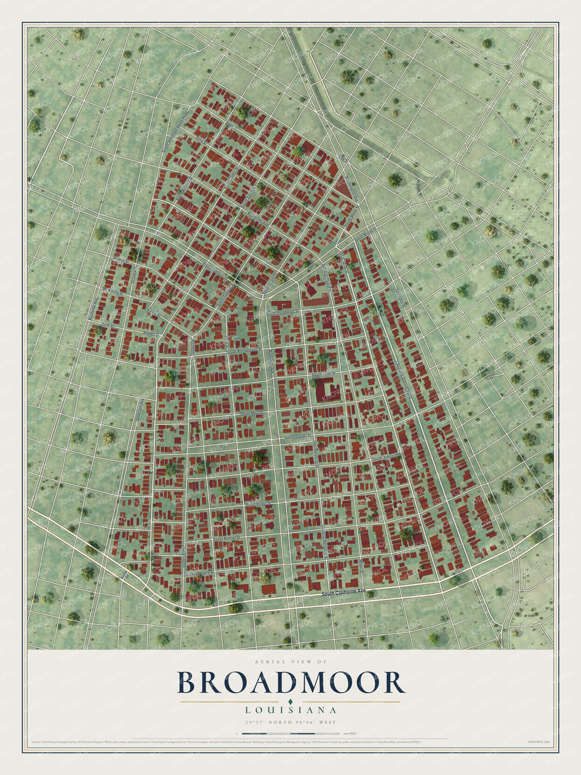 Full map of Broadmoor, Louisiana, with red buildings, printed street names and the land around them