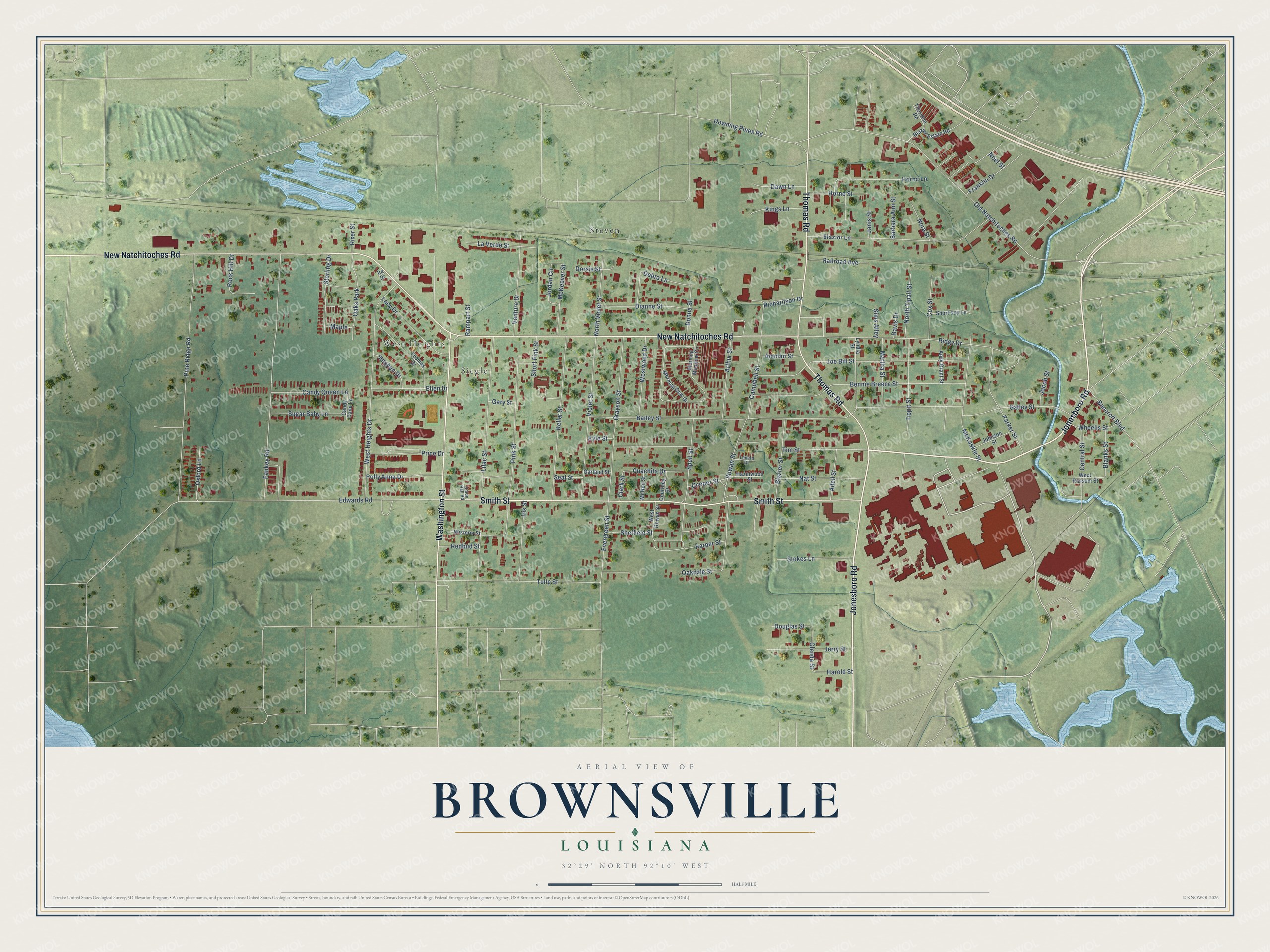 Full map of Brownsville, Louisiana, with red buildings, printed street names and the land around them